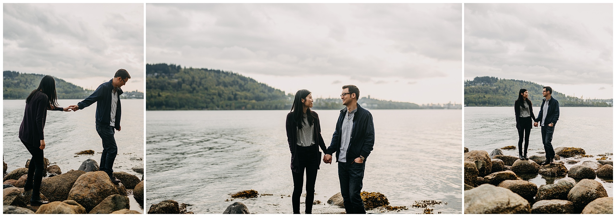 couple on beach rocks sunset north vancouver engagement session