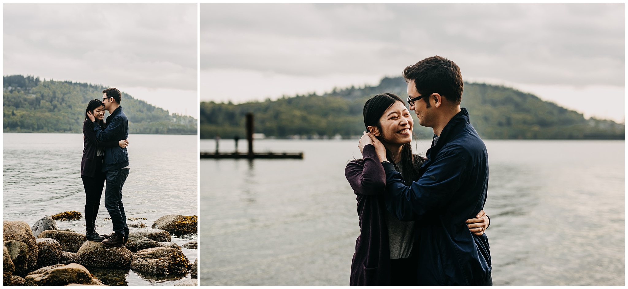 couple hug intimate beach rock sunset north vancouver cates park engagement session