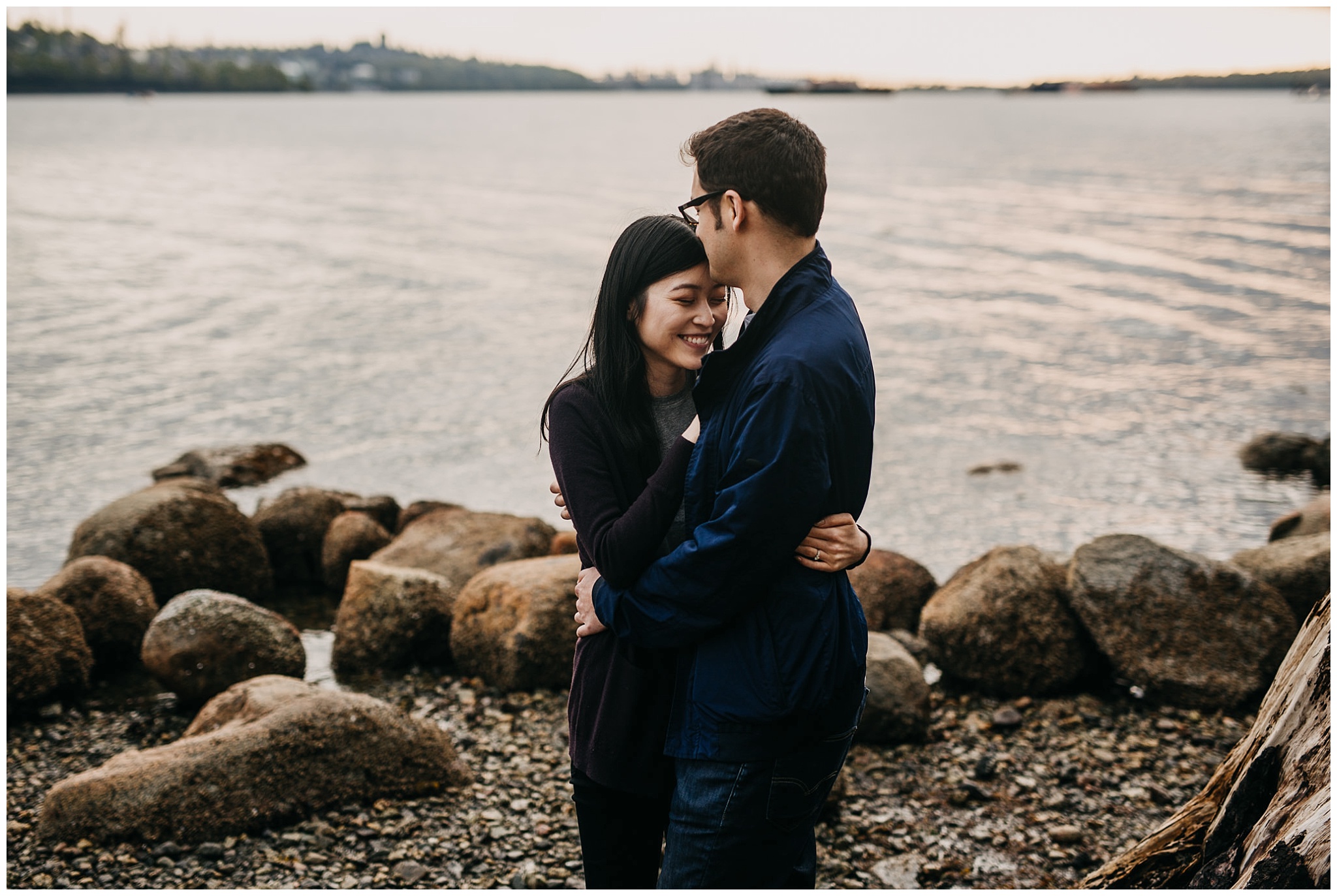 couple intimate hug beach sunset engagement session north vancouver