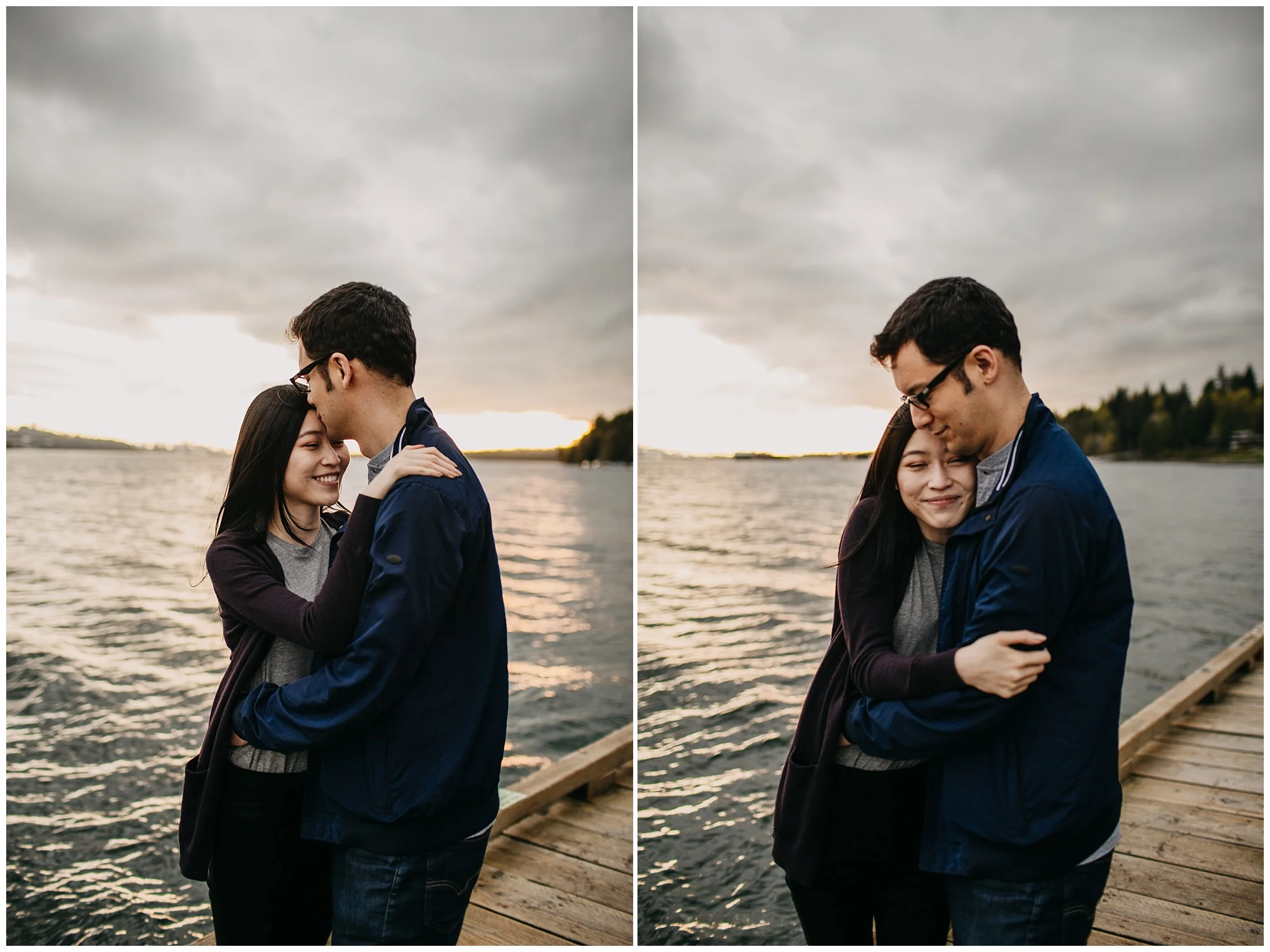 sunset cates park north vancouver engagement couple kiss hug