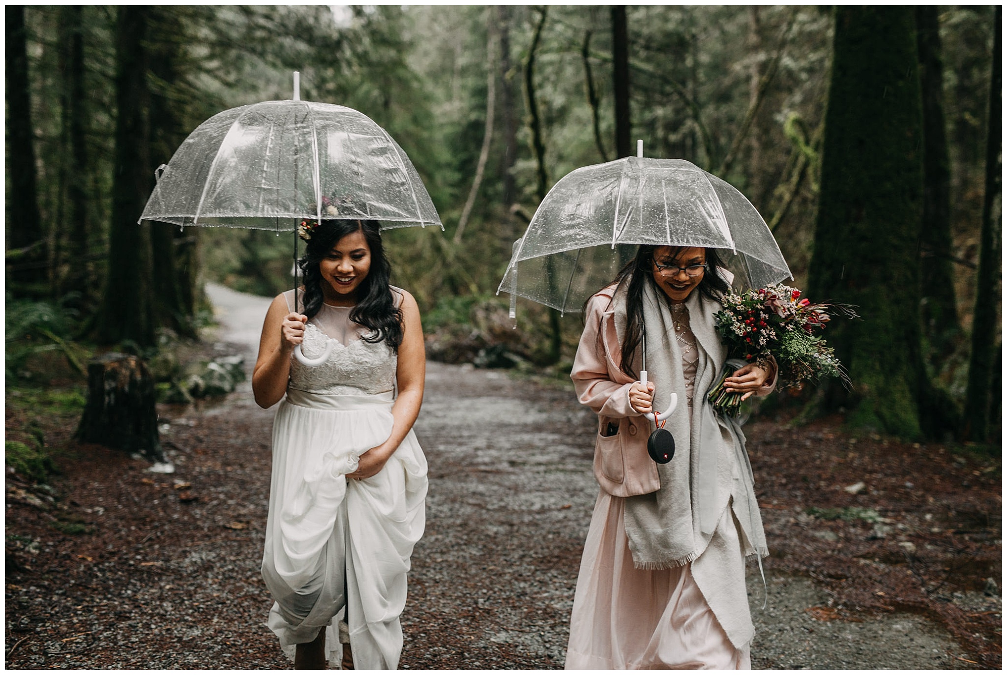 bride walking in forest rainy day wedding intimate wedding