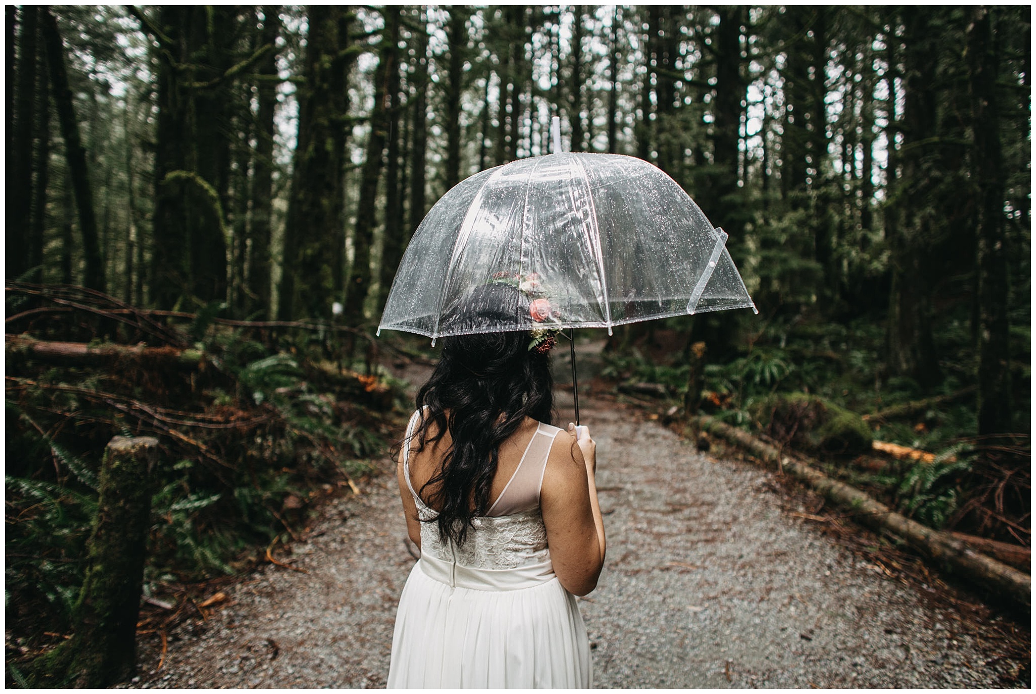 bride walking to first look in golden ears forest intimate wedding