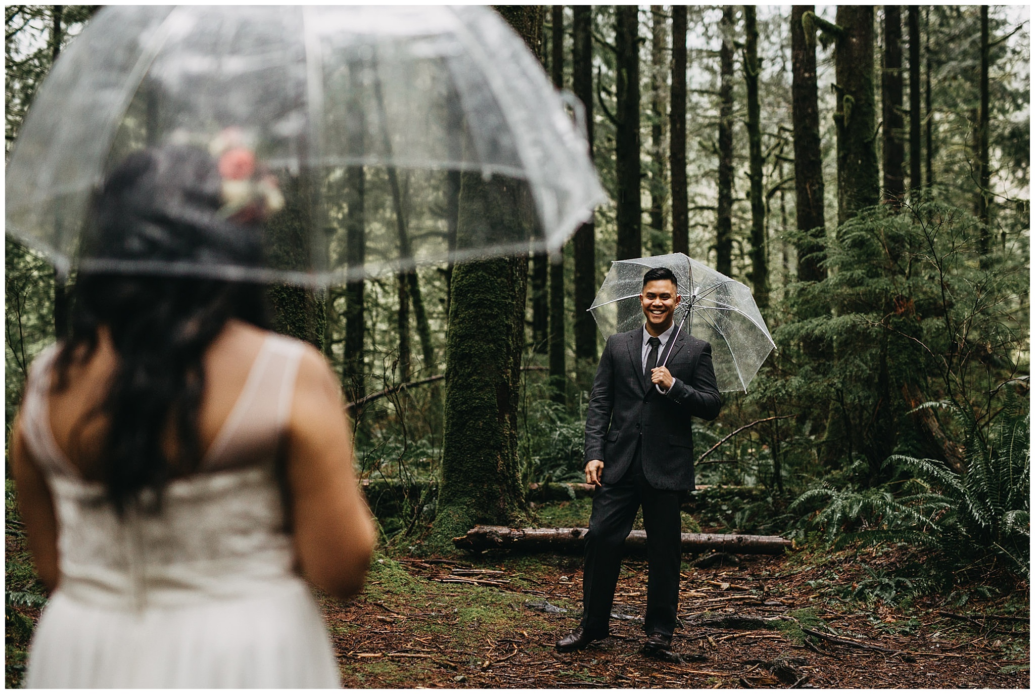 first look groom's reaction rainy forest intimate wedding golden ears