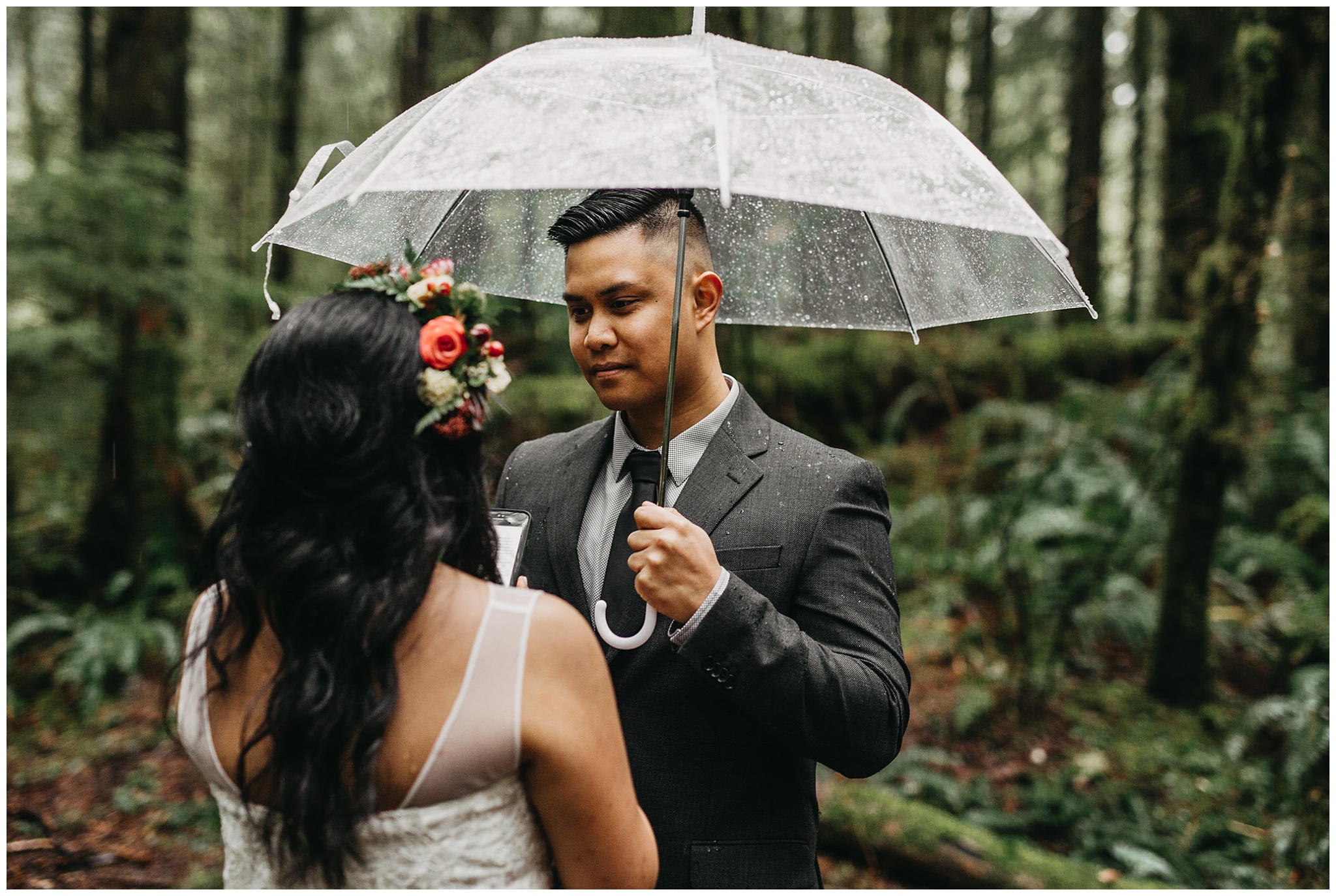 groom's reaction to bride's vows rainy forest intimate wedding golden ears