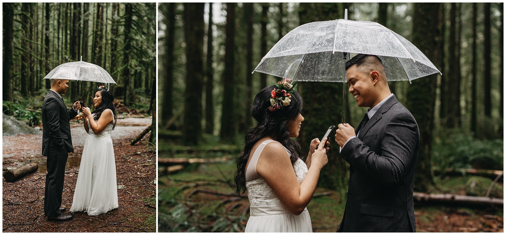 bride groom private vow reading in rainy forest intimate golden ears wedding