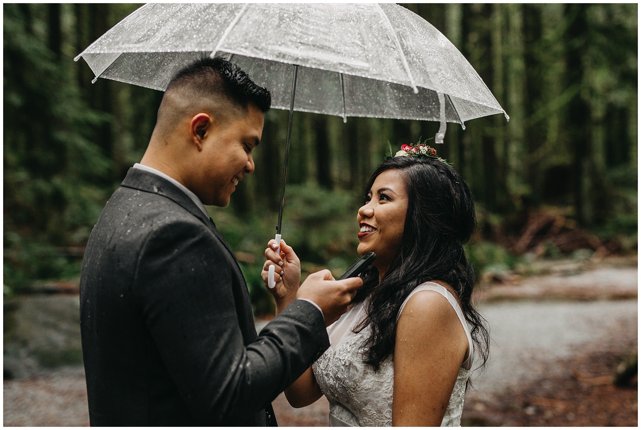 bride's reaction to groom's vows in forest intimate golden ears park wedding