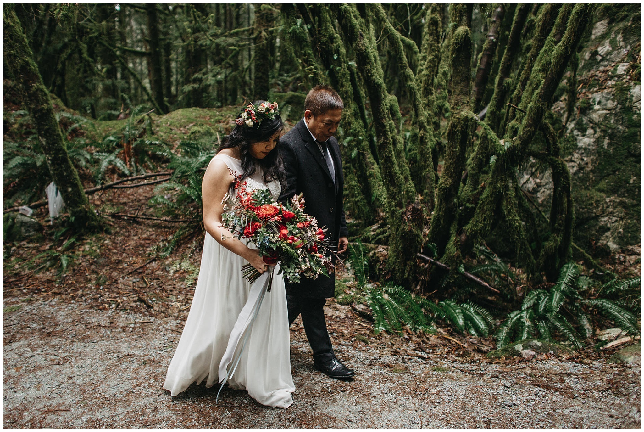 father of bride walking bride down aisle intimate forest wedding golden ears park