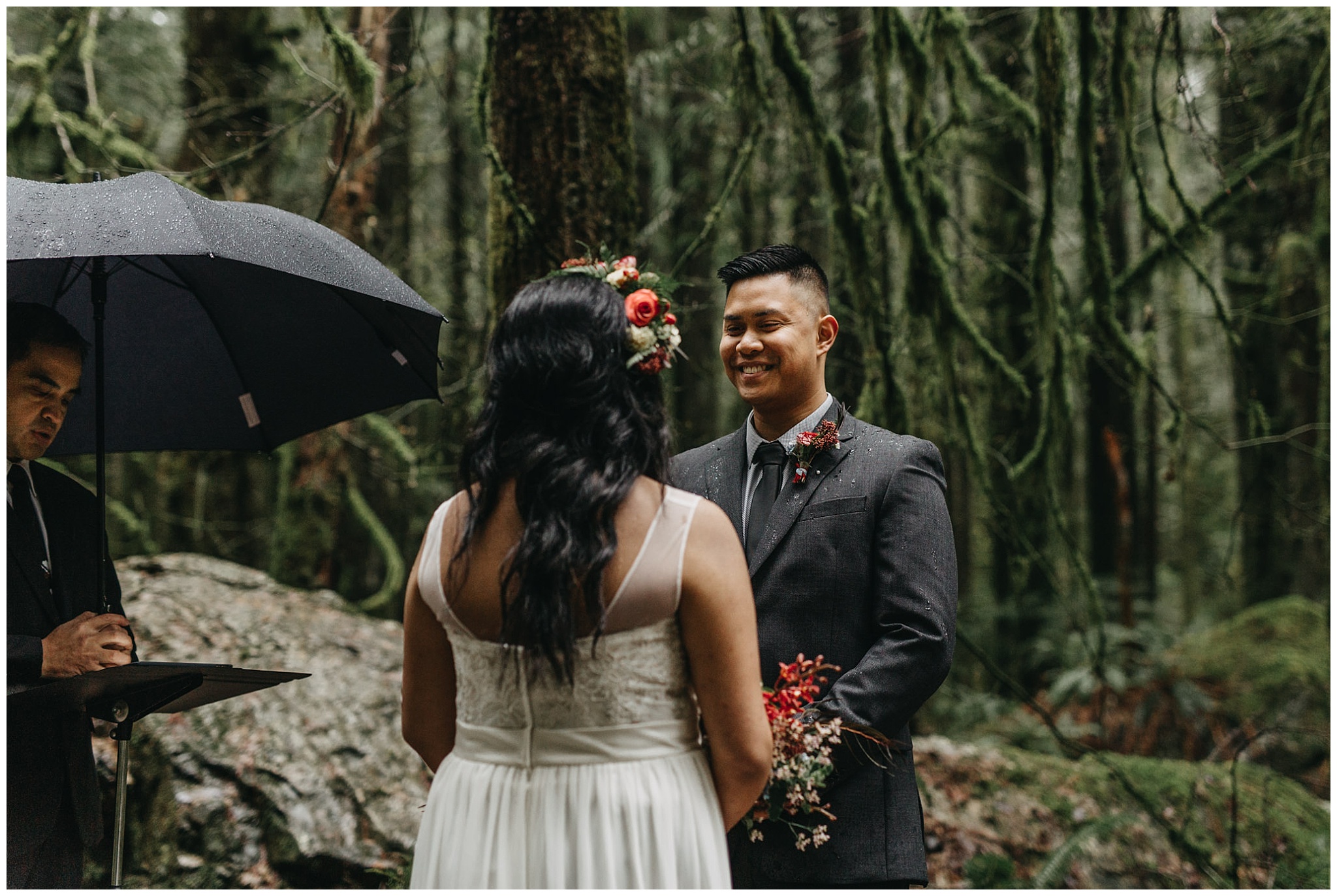 groom happy ceremony intimate wedding forest golden ears rainy pnw day