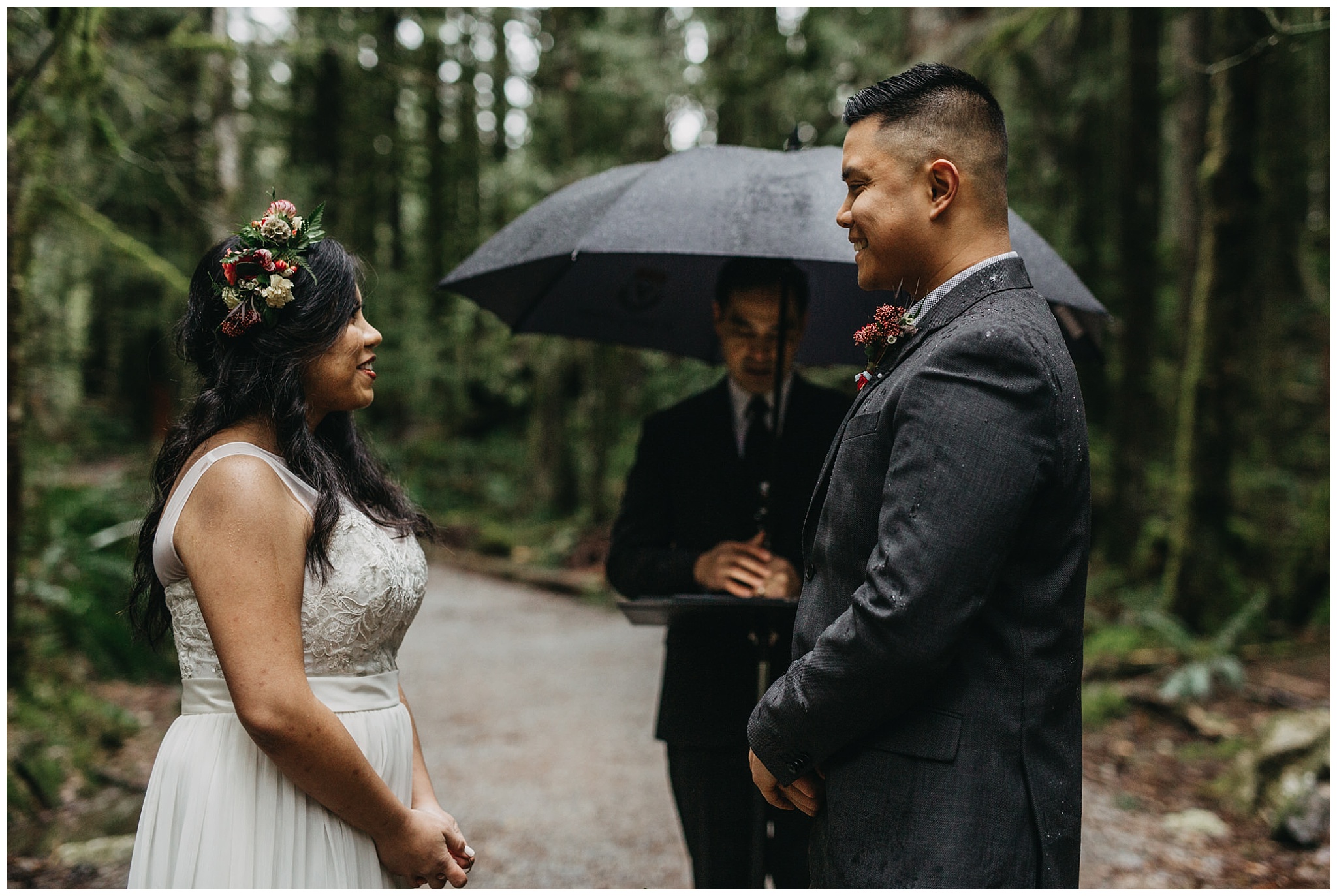 bride groom during ceremony smile happy intimate forest wedding