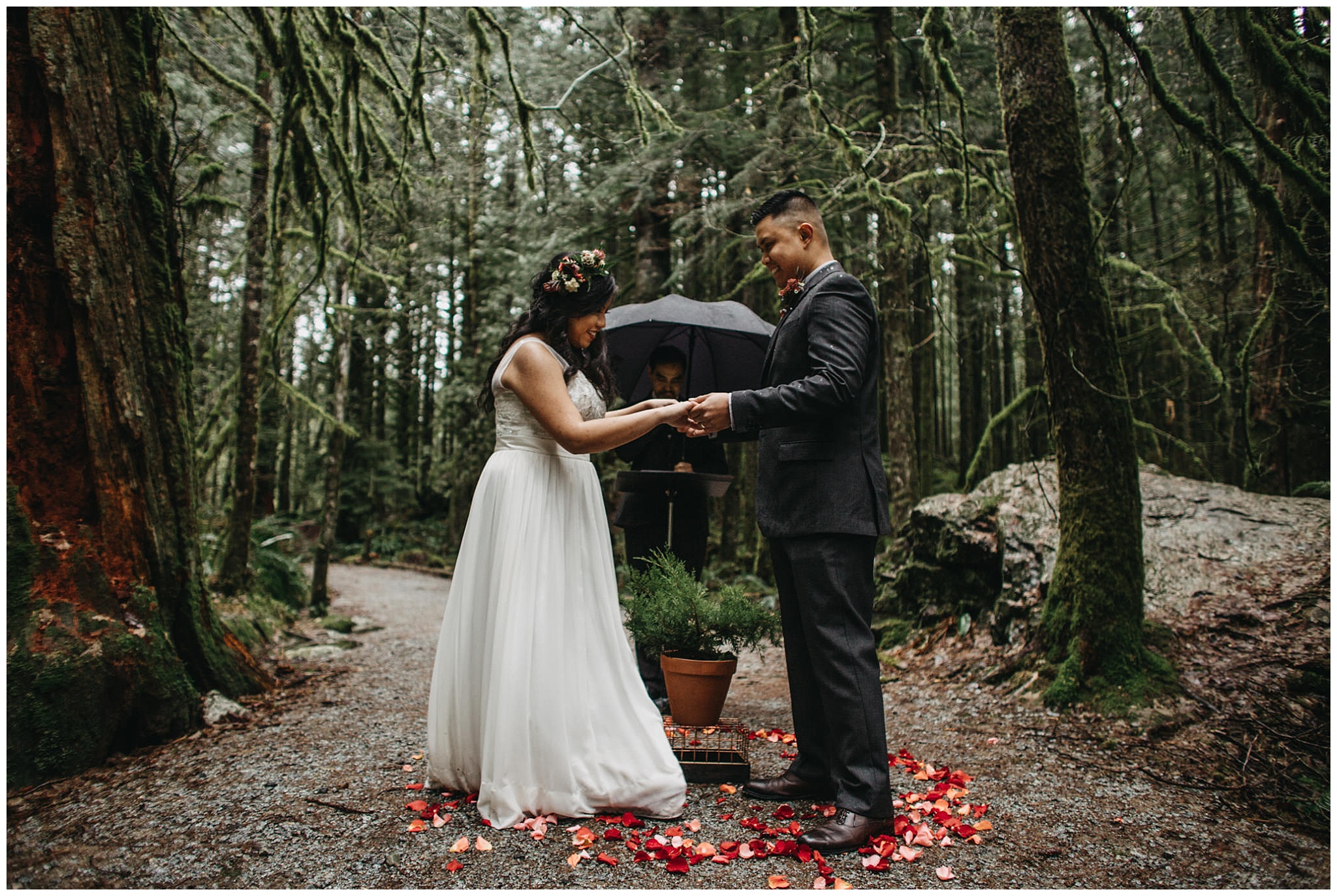 wedding couple forest ceremony mossy rainy pnw golden ears