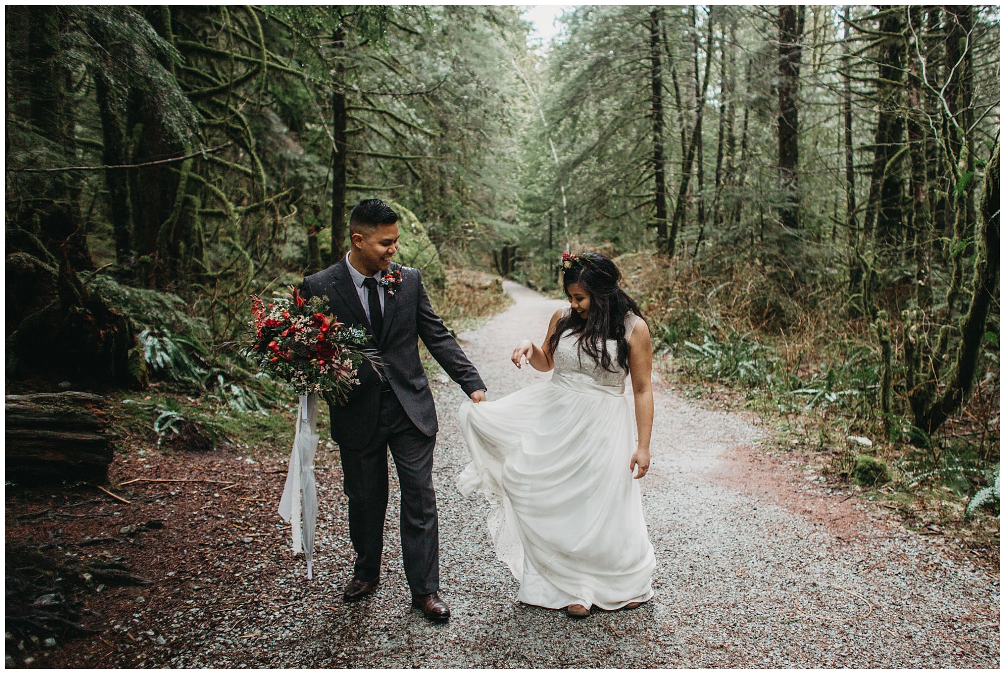 wedding couple bride groom playful dress bouquet forest intimate wedding