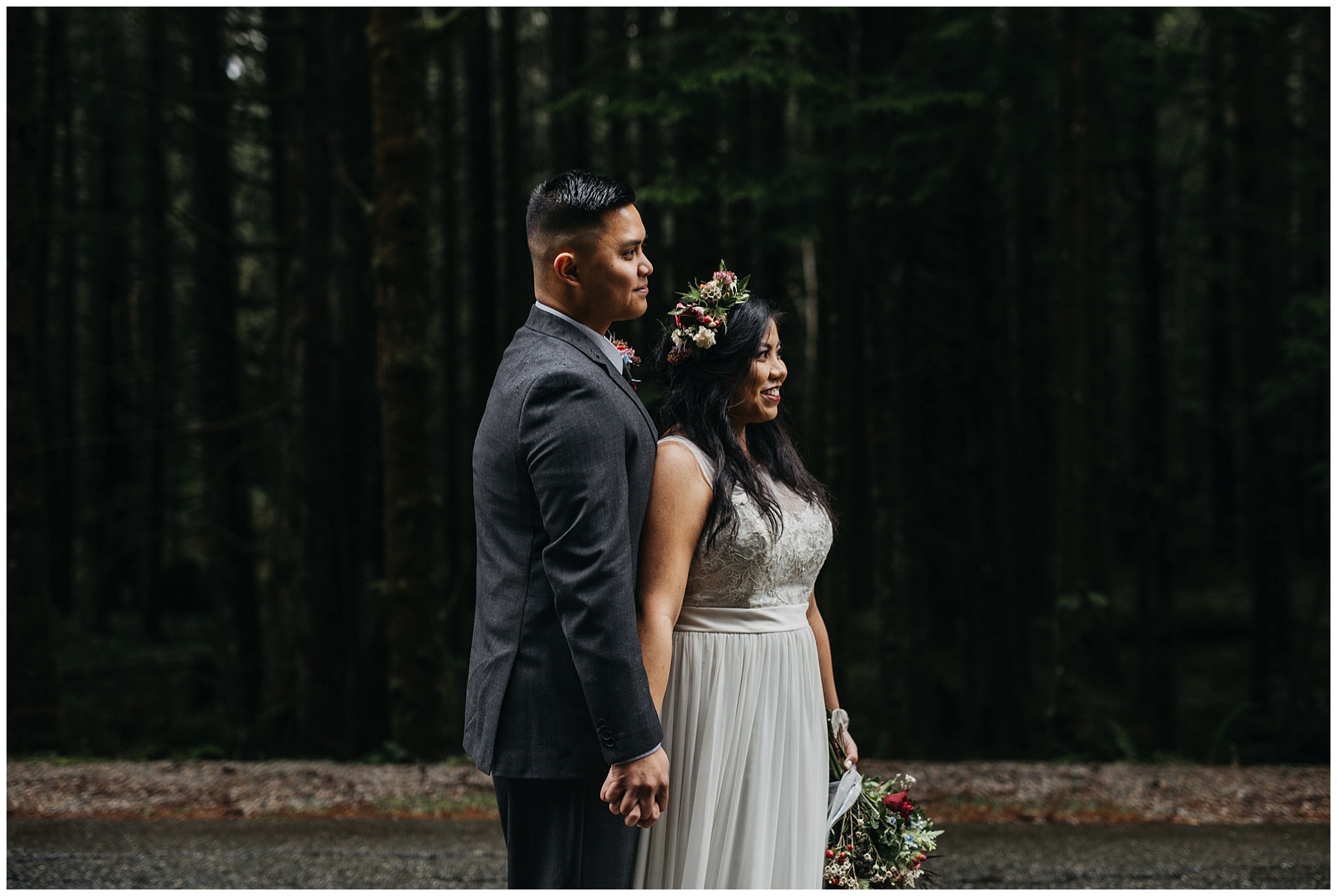 bride groom portrait moody tree lined road to golden ears intimate wedding