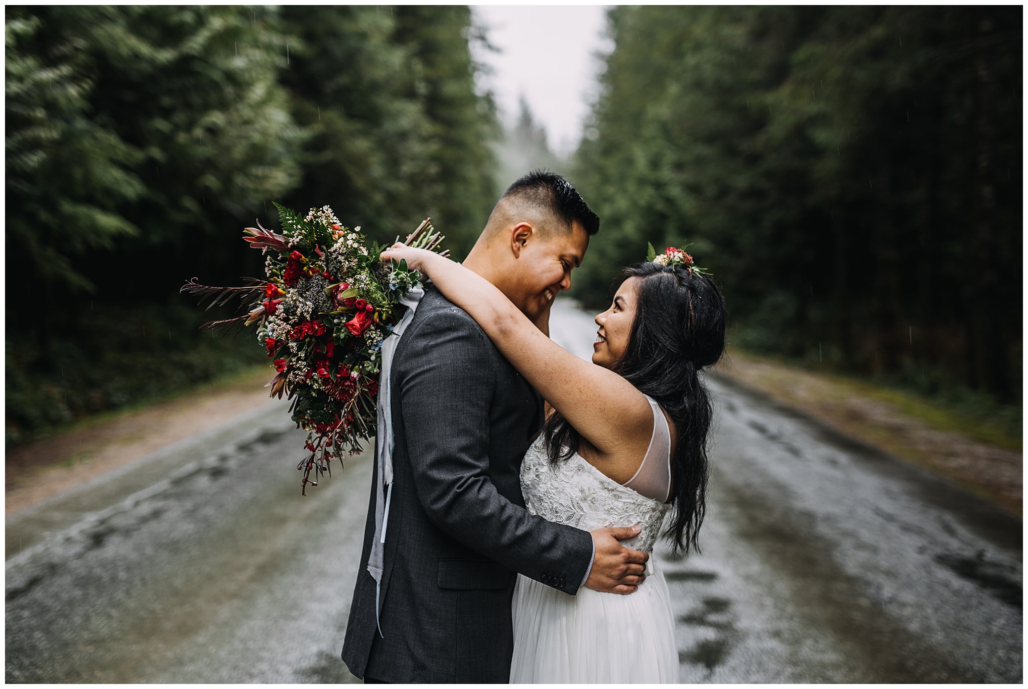 bride groom portrait tree lined road to golden ears park intimate wedding