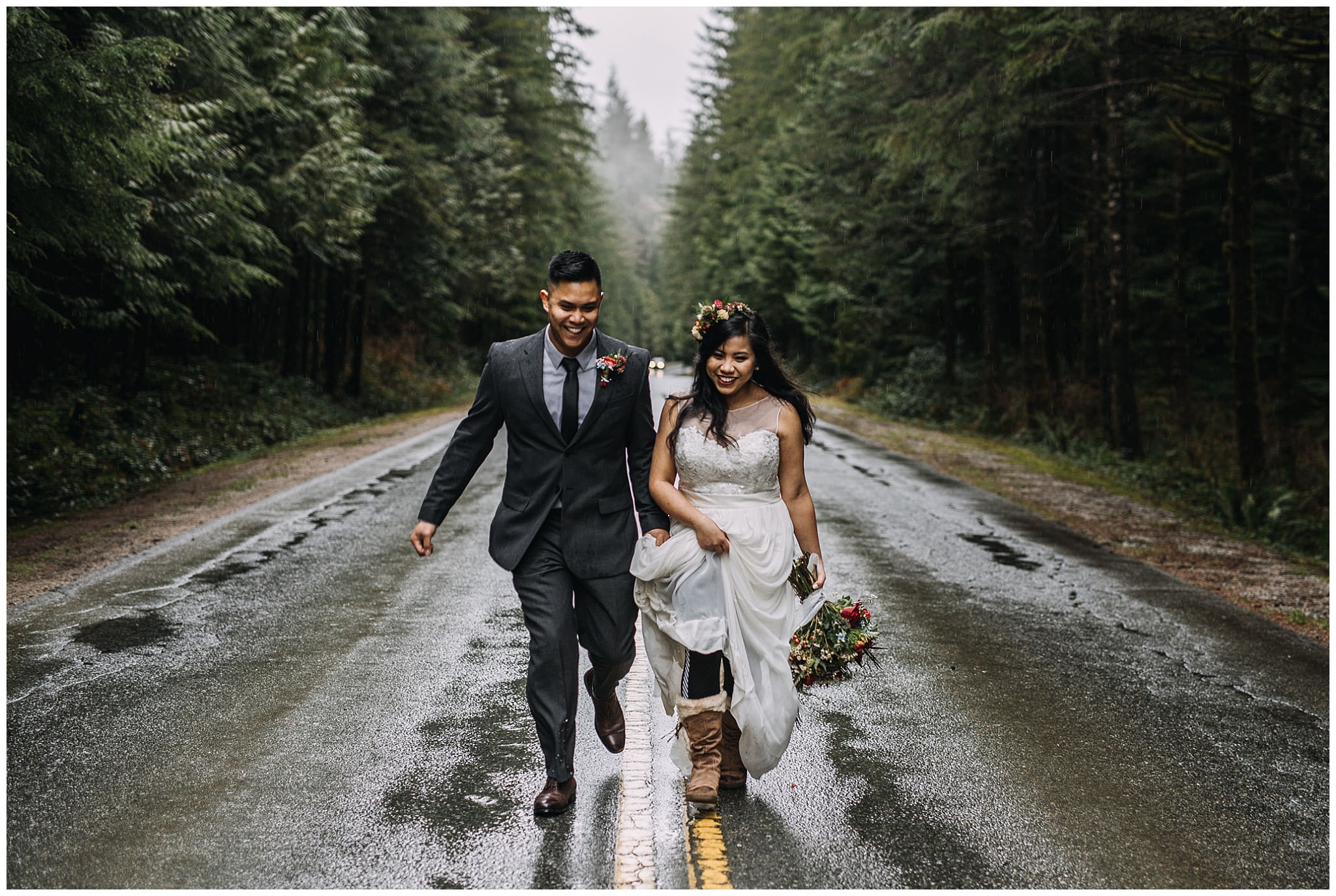 bride groom portrait running on wet rainy road golden ears park intimate wedding