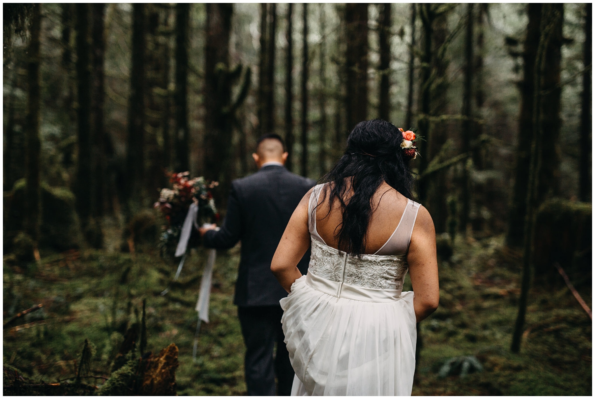 bride groom exploring forest moss rain intimate wedding golden ears