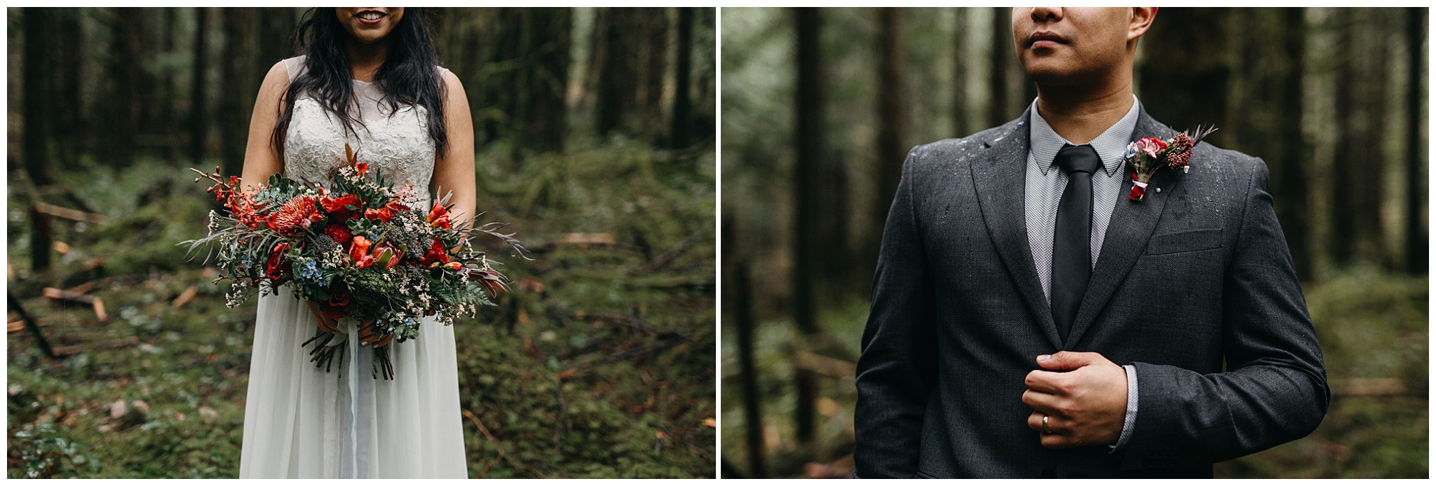 bride groom details boutonniere bridal bouquet mossy forest golden ears intimate wedding