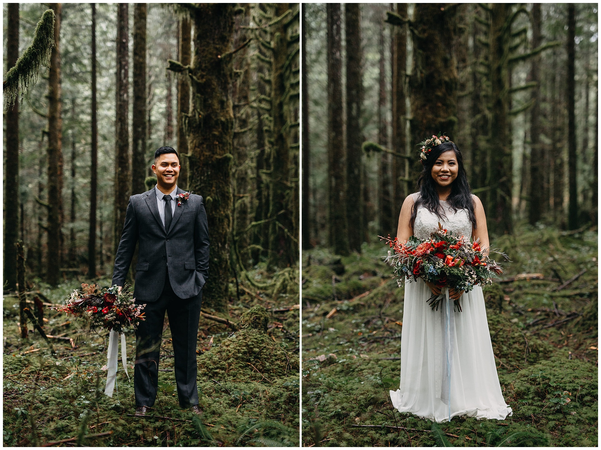 bride groom holding bridal bouquet forest mossy golden ears wedding