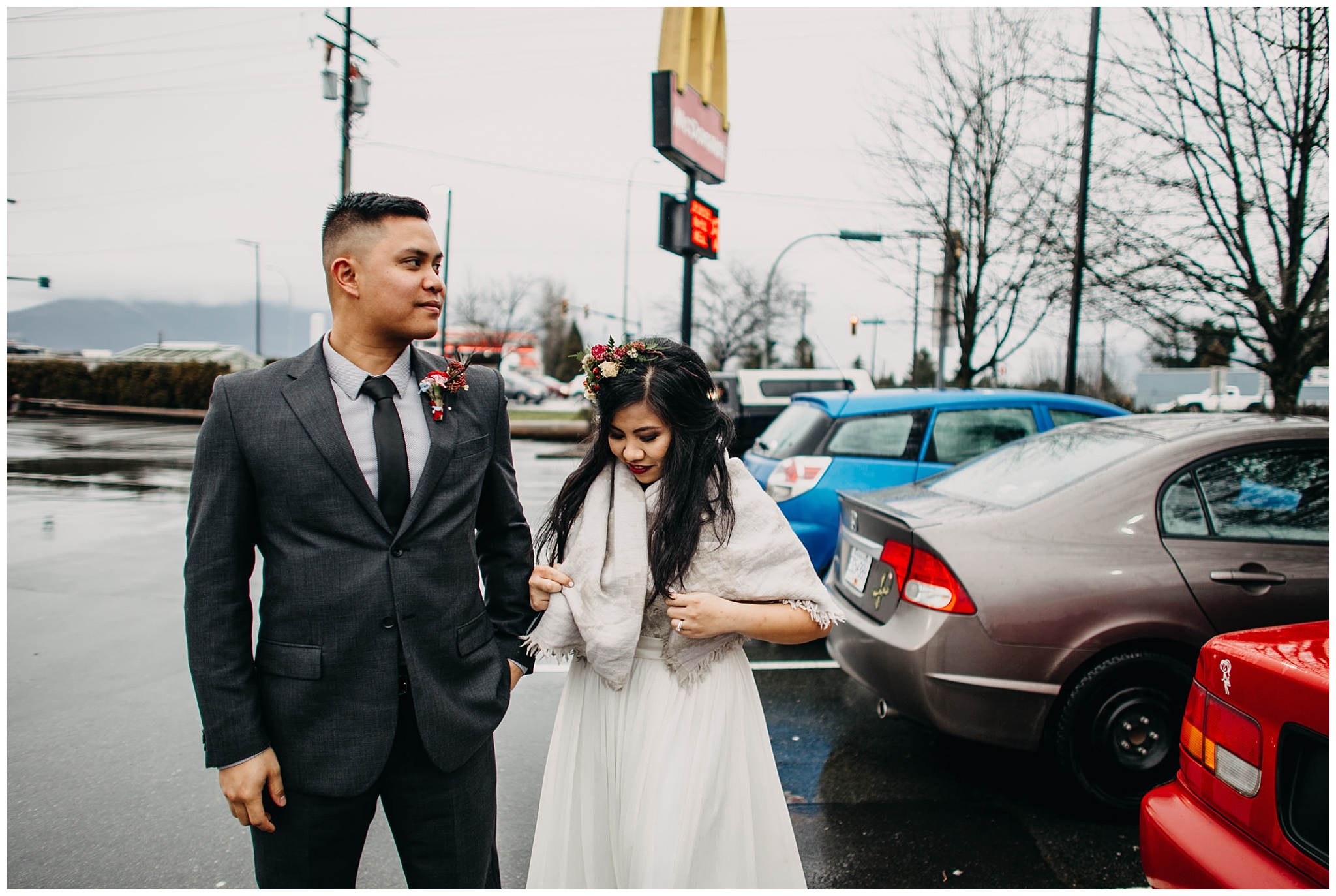 bride groom wedding couple mcdonalds run pit stop vancouver wedding