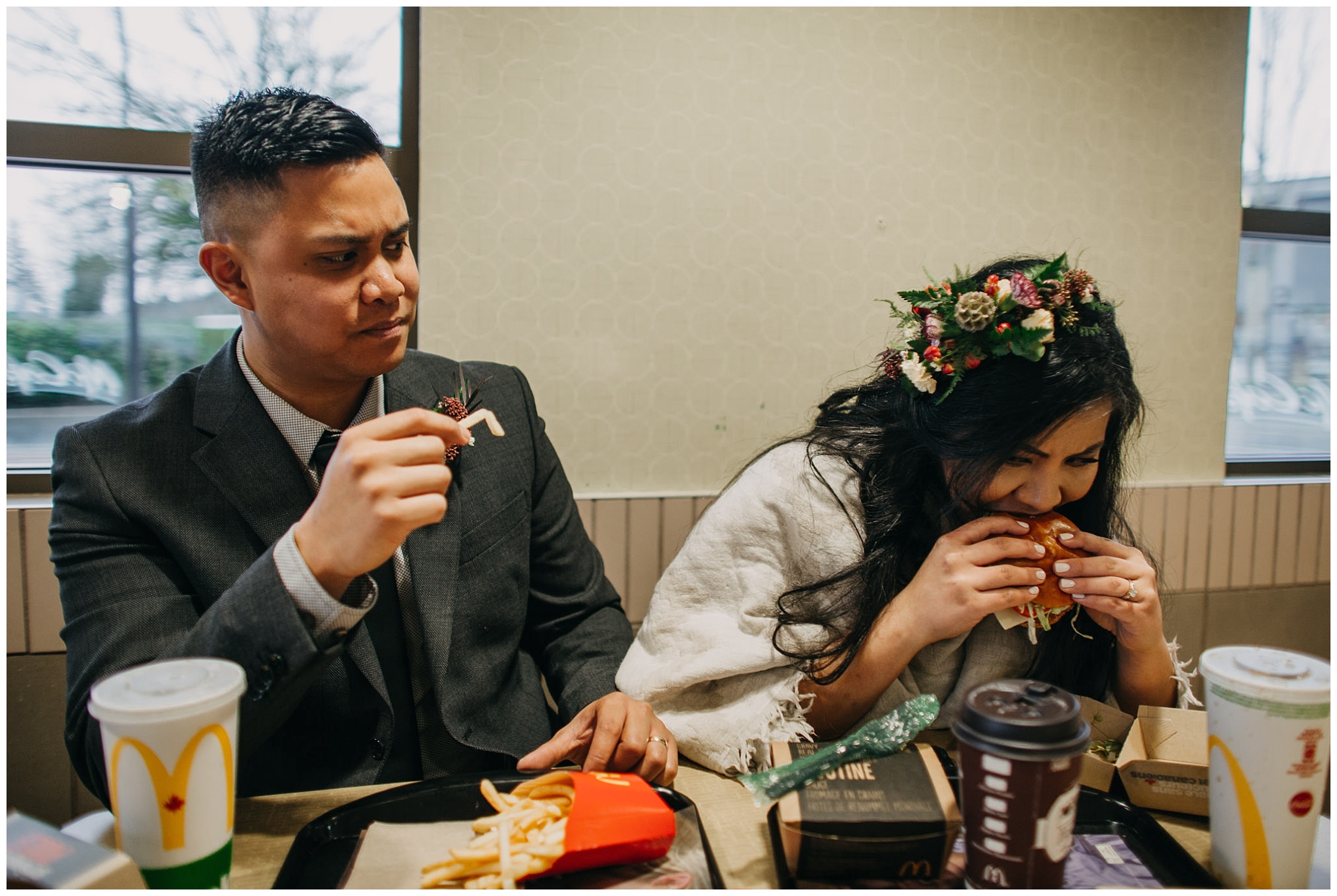 bride groom eating mcdonalds on wedding day vancouver wedding
