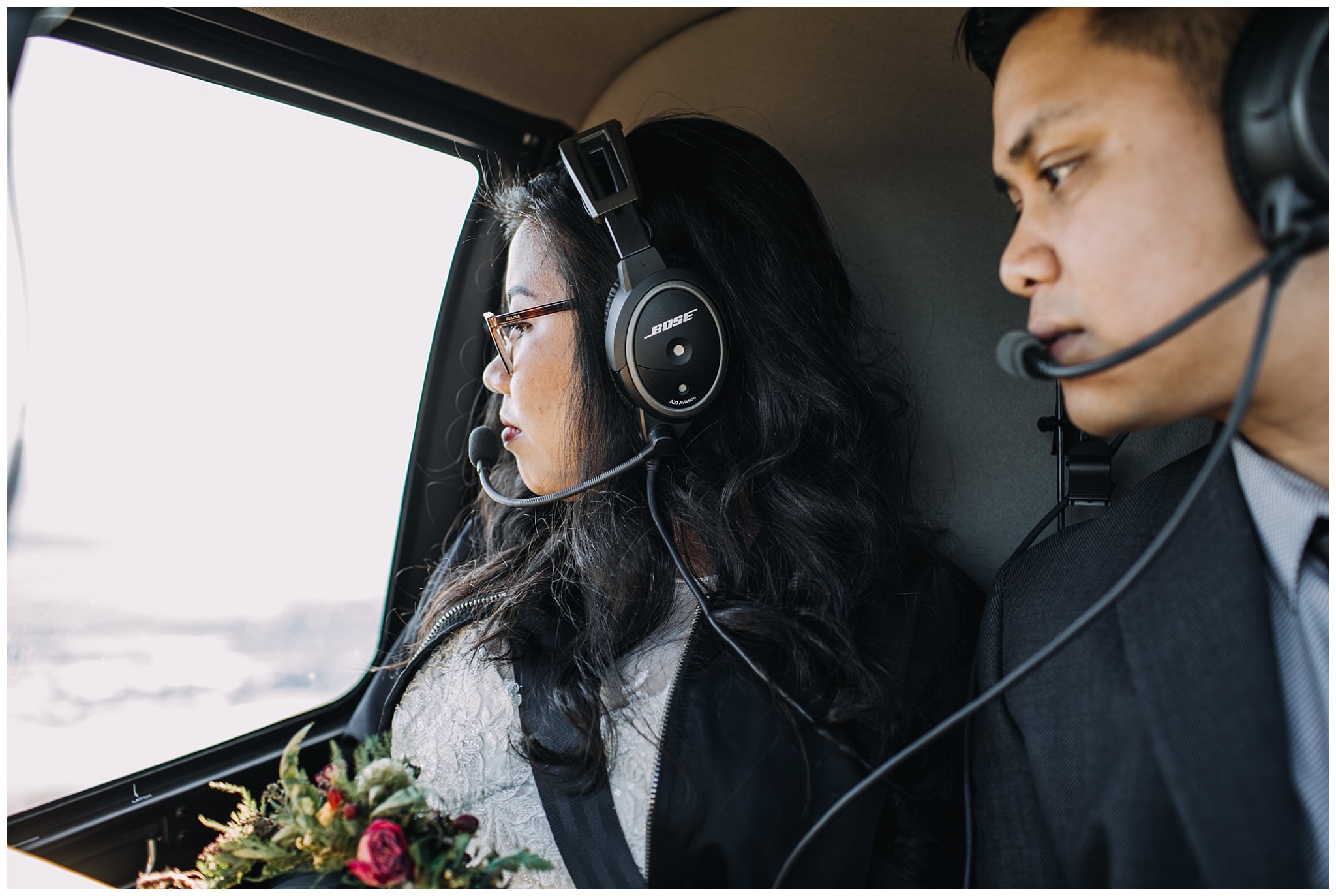 bride groom riding in helicopter mountaintop wedding portraits