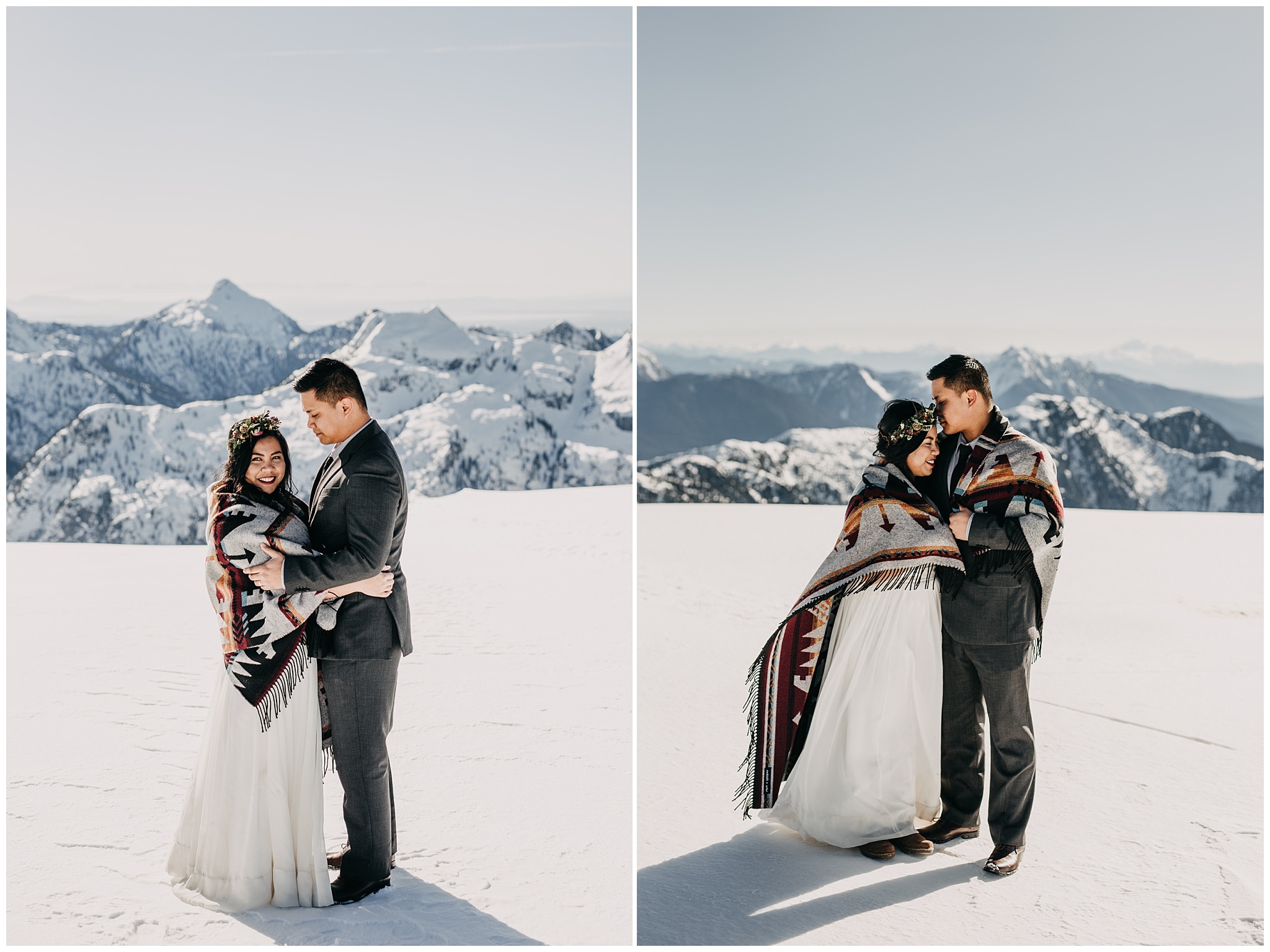 bride groom wedding couple portraits snowy mountaintop sky helicopters