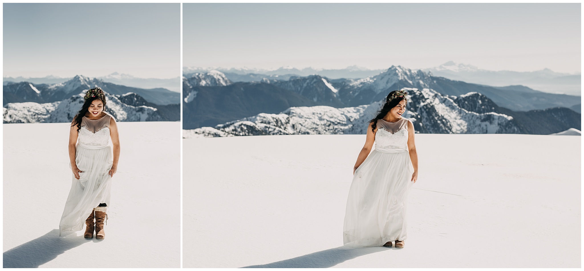 bride snow boots mountaintop sunny snowy sky helicopters wedding