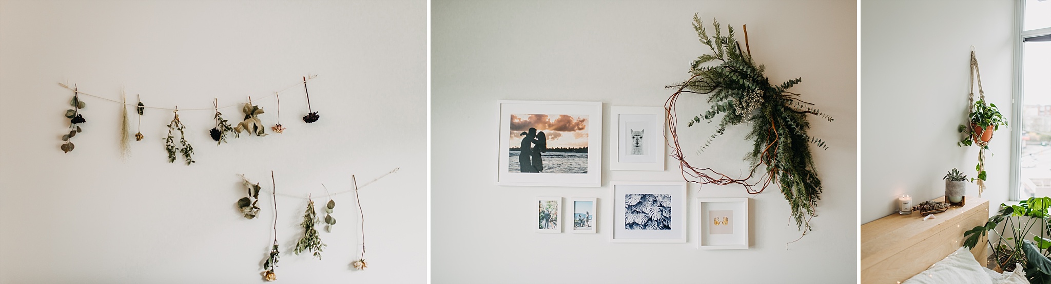 dried flowers gallery wall home decor inspo in home engagement session