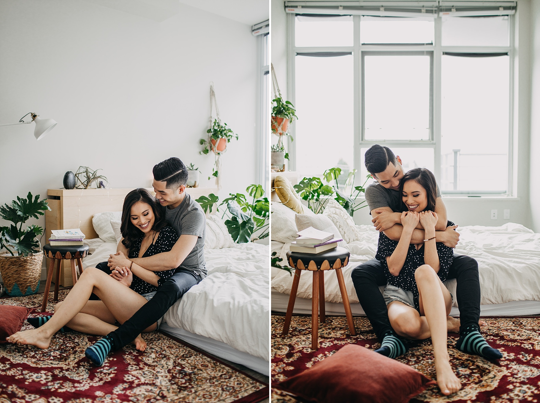 cozy in home bedroom engagement session couple persian rug