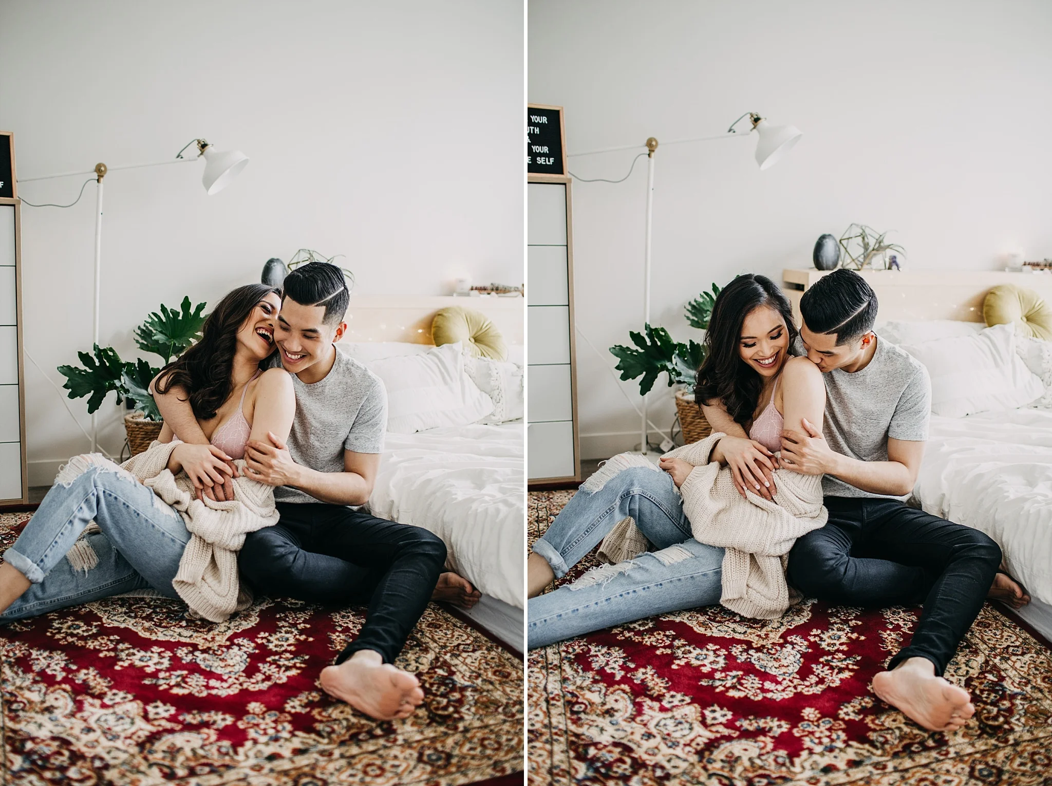 couple cuddle on bedroom floor persian rug hanging plants home decor inspo in home engagement vancouver
