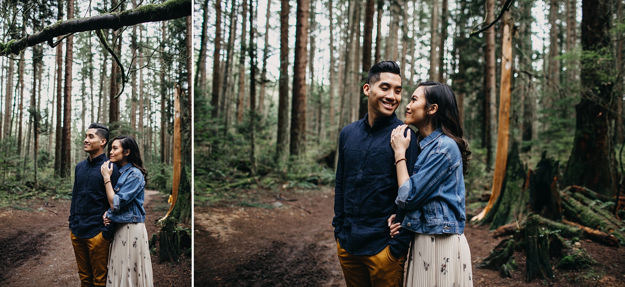 pacific spirit park engagement session couple in forest vancouver