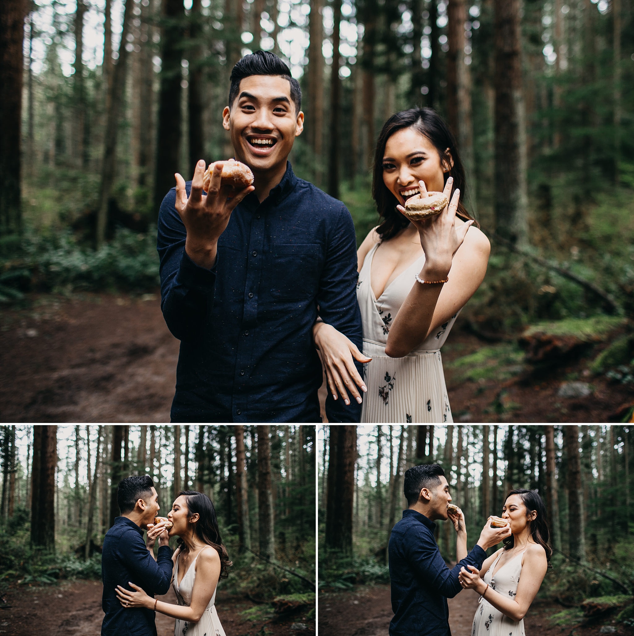 couple cartems donut rings engagement session vancouver pacific spirit park forest