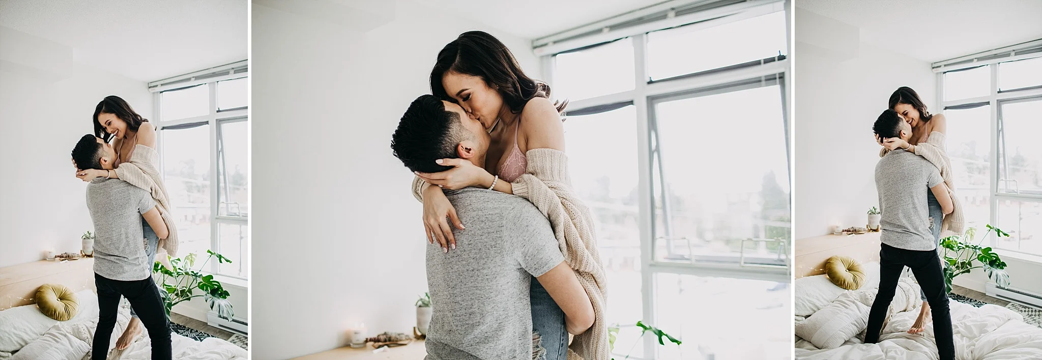 couple fun playful in home engagement session vancouver