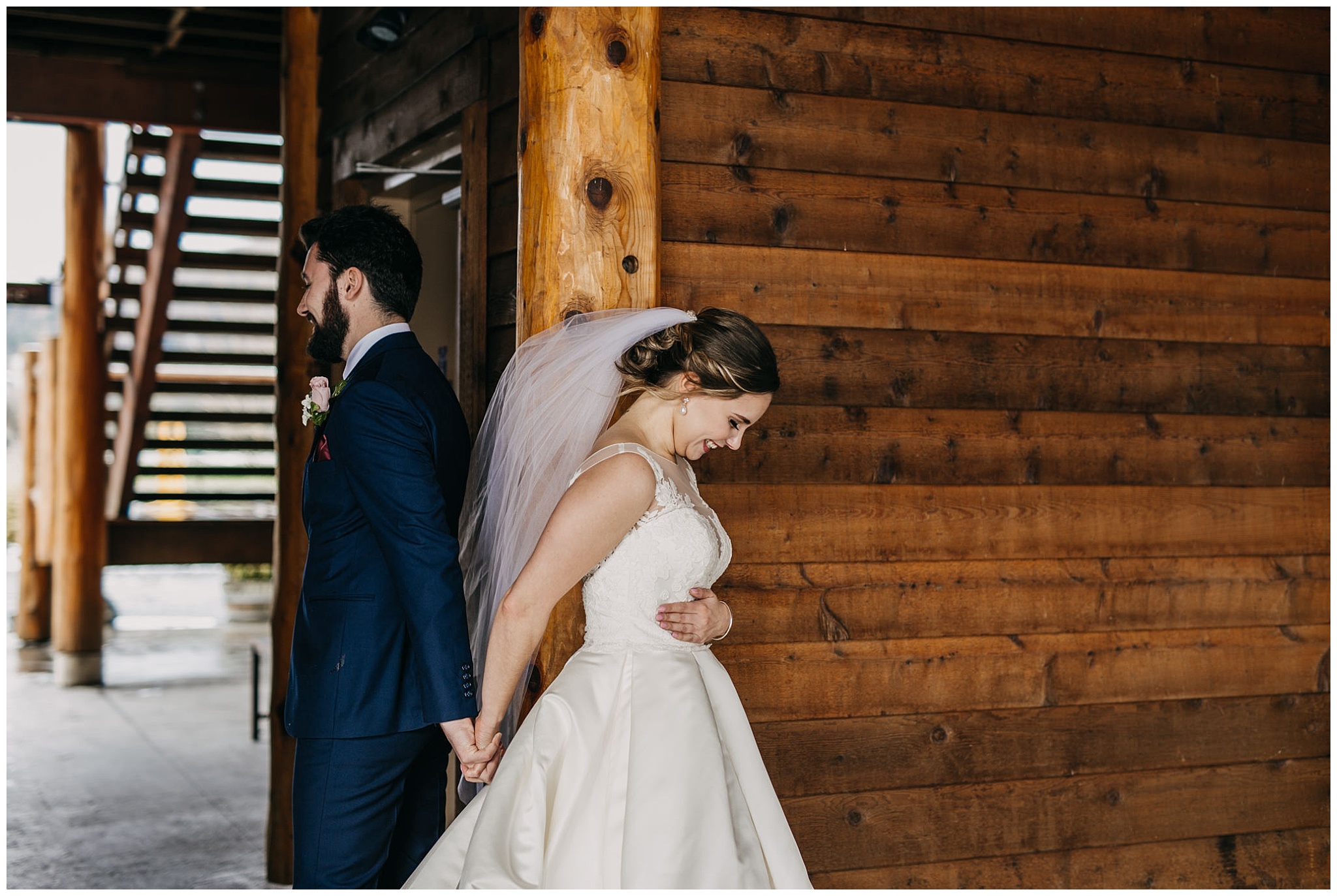 bride and groom first look at fraser river lodge