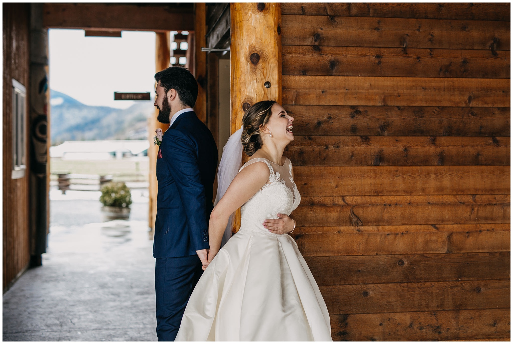 bride and groom first look at fraser river lodge wedding