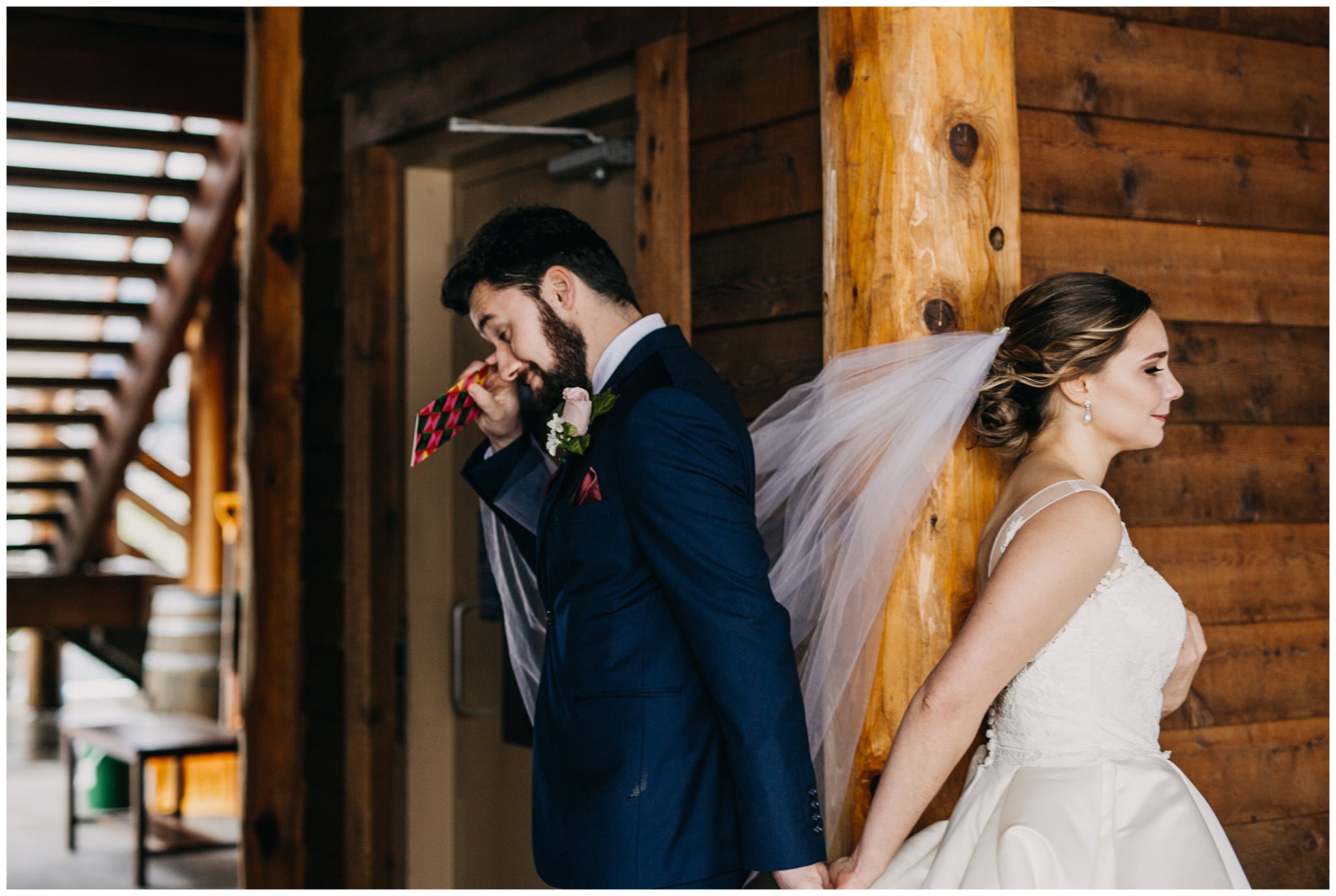 groom crying first look reaction at fraser river lodge wedding