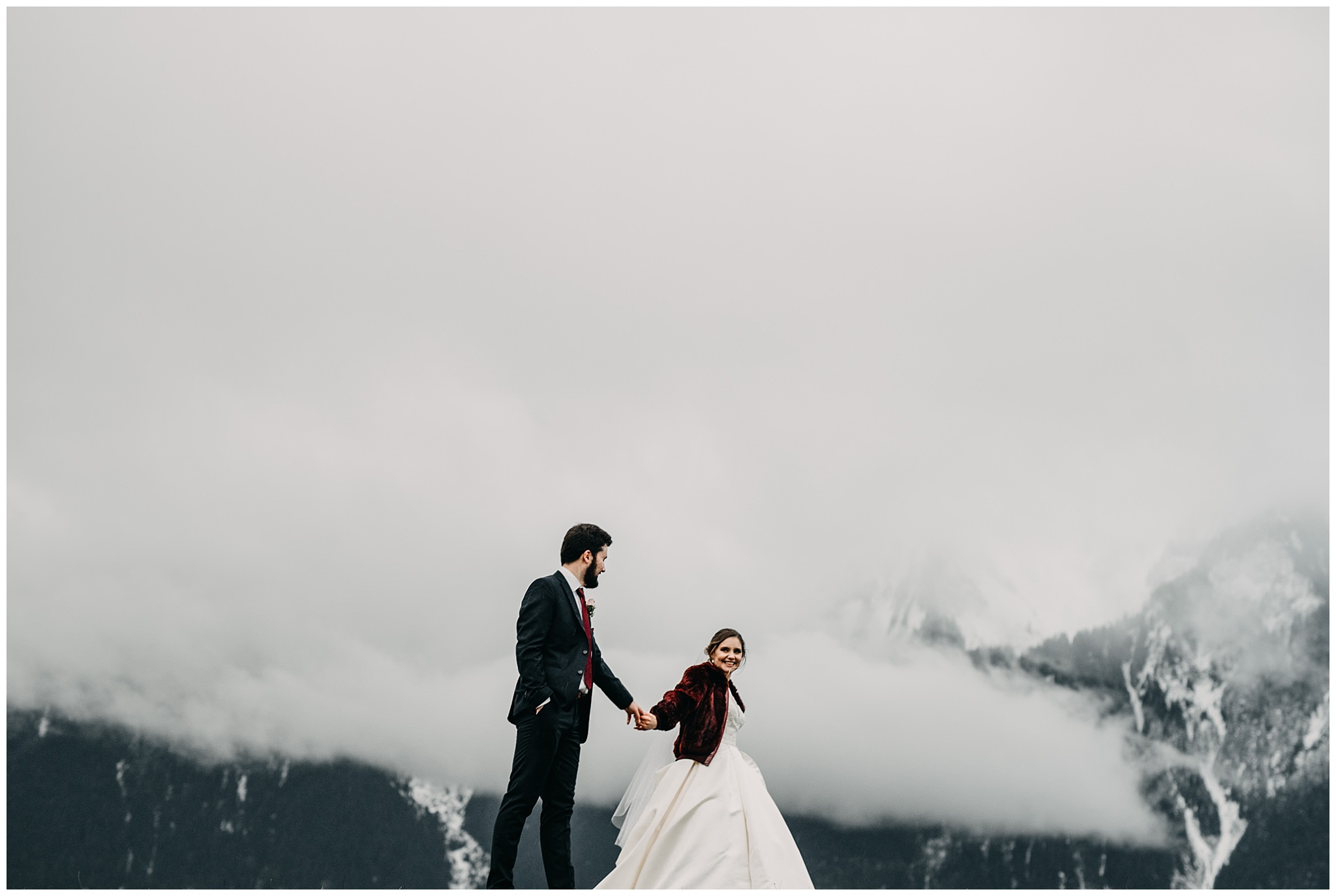 bride and groom portrait at fraser river lodge wedding in front of mount cheam