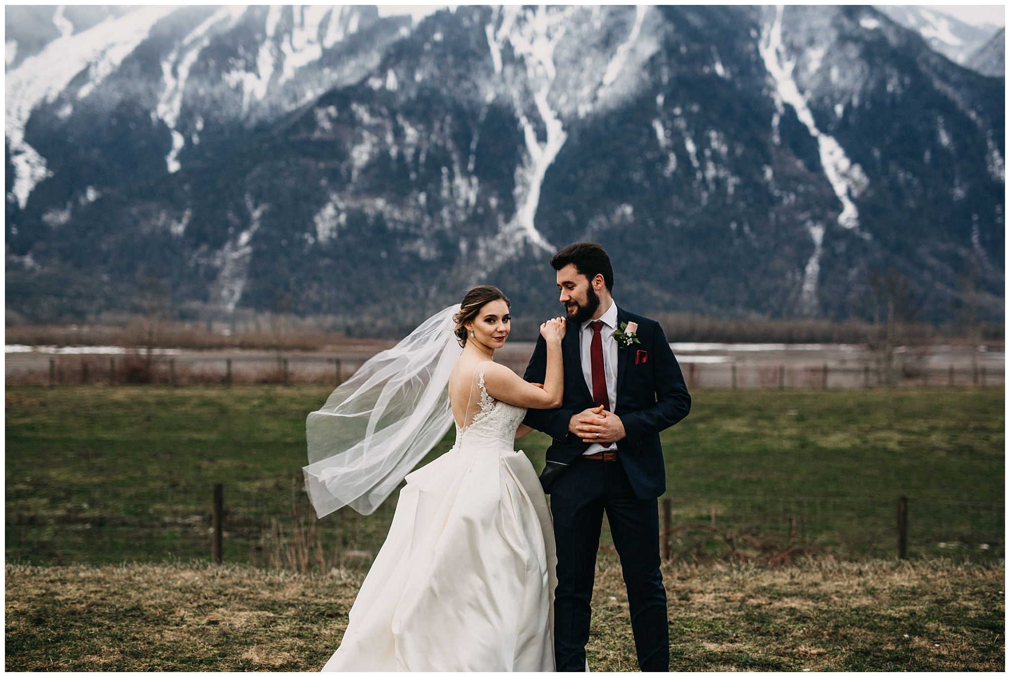 bride and groom portrait at fraser river lodge wedding in front of mount cheam