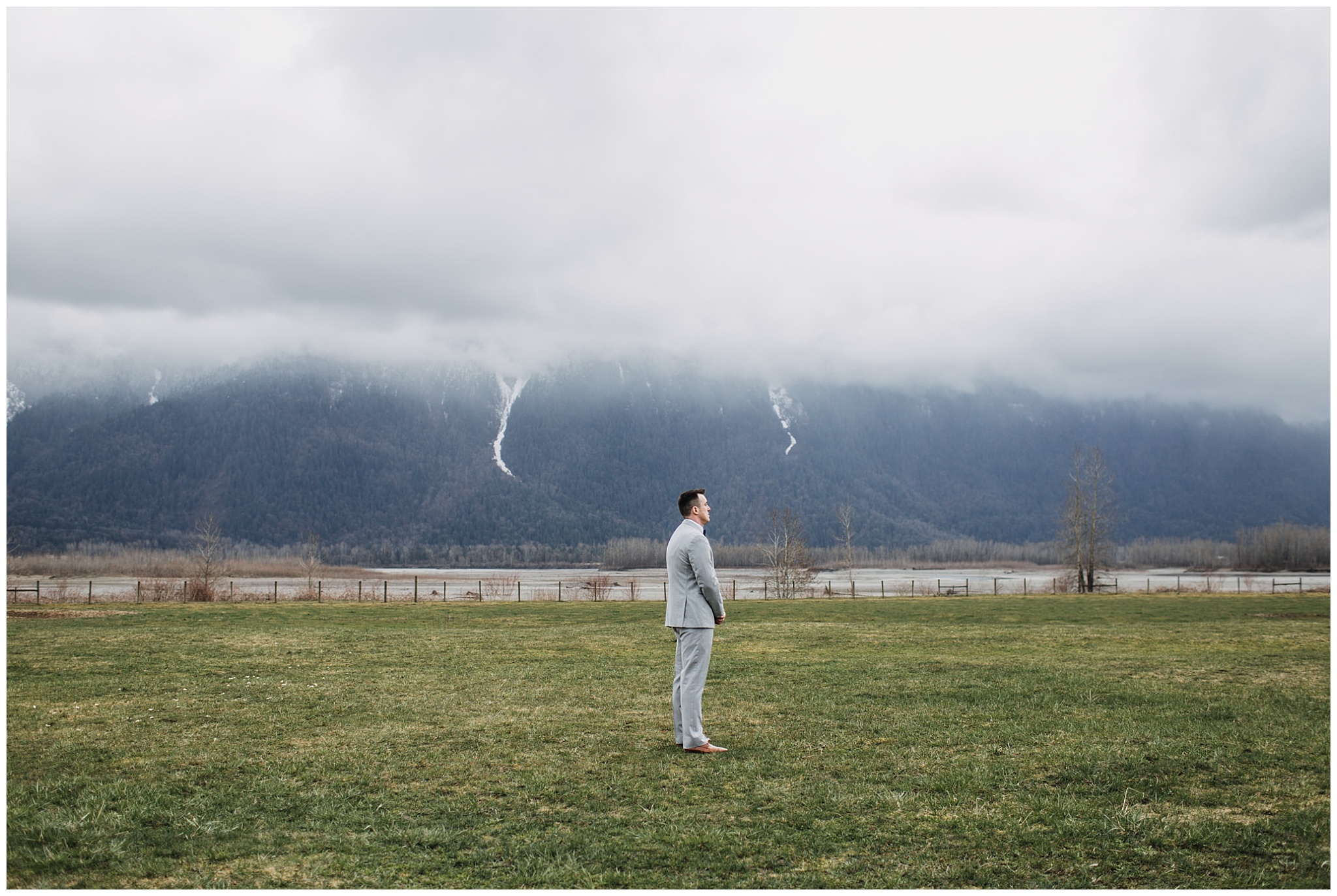 groom waiting for bride at first look at fraser river lodge wedding