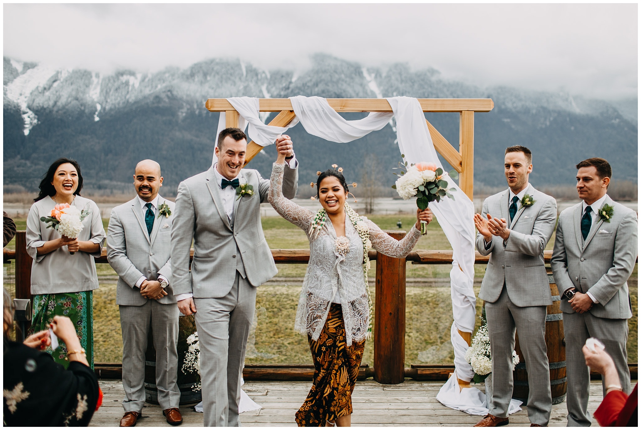 bride and groom ceremony exit at fraser river lodge wedding outside