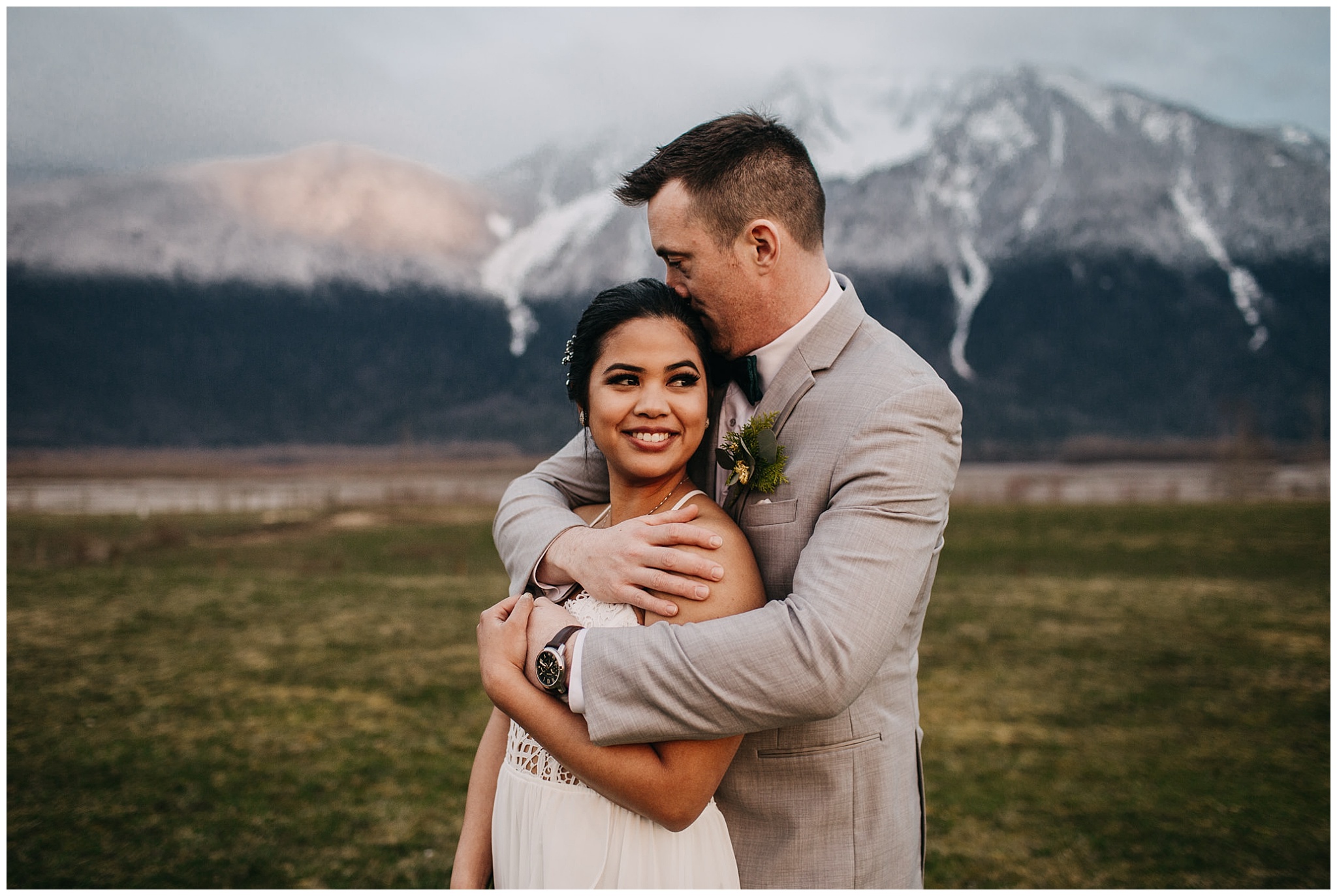 bride and groom sunset portrait at fraser river lodge wedding