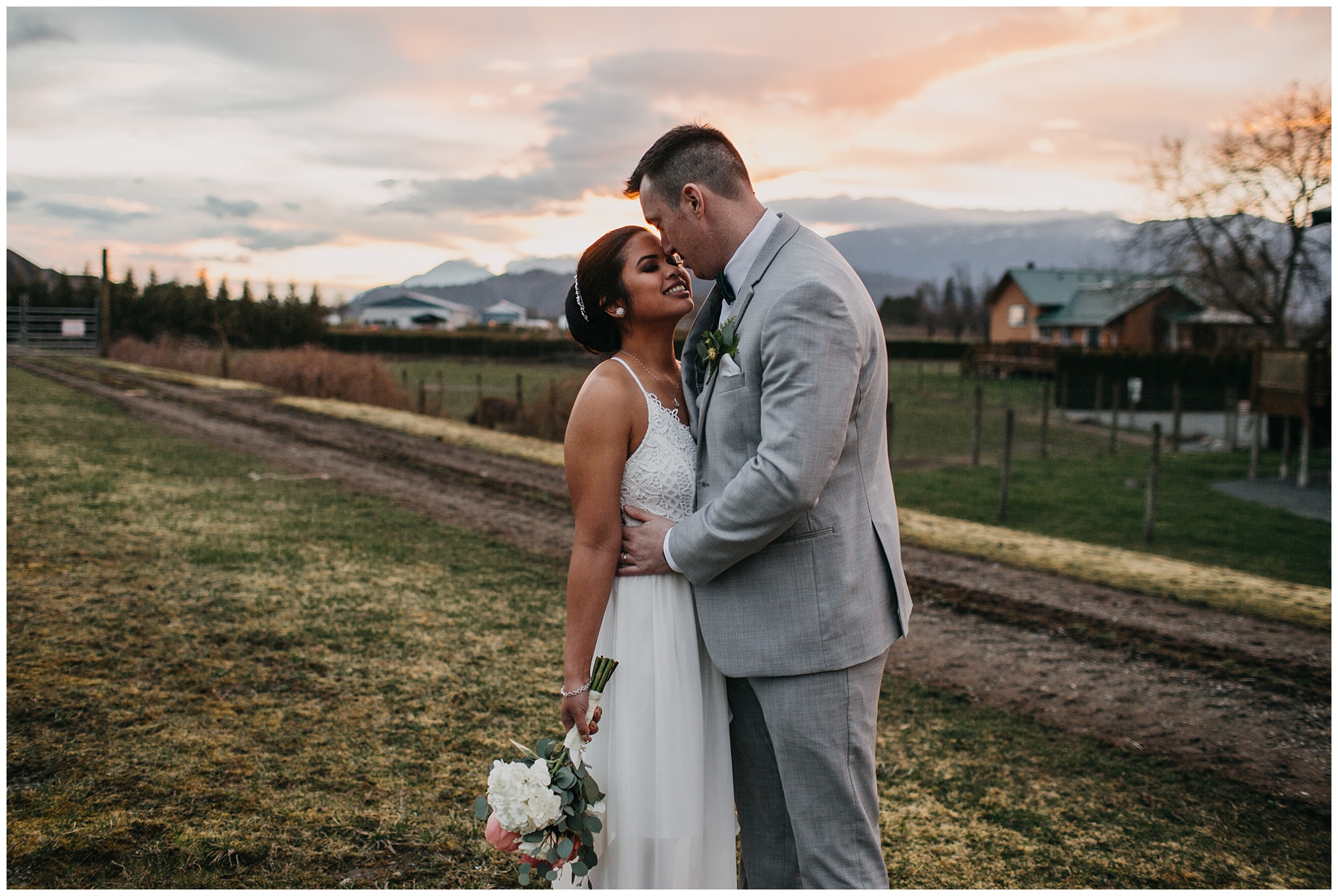 bride and groom sunset portrait at fraser river lodge wedding