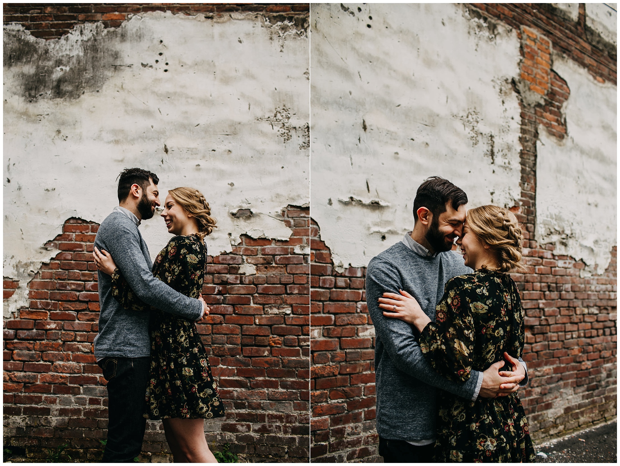 couple photo in front of brick wall at downtown new west engagement session