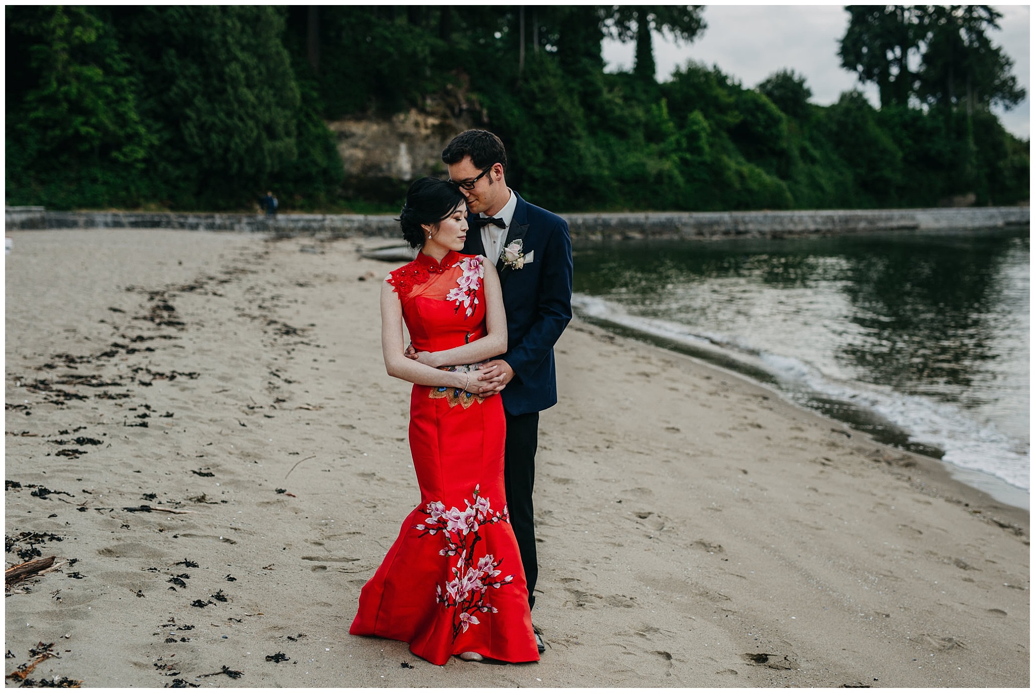 bride and groom portrait on the beach at stanley park teahouse wedding