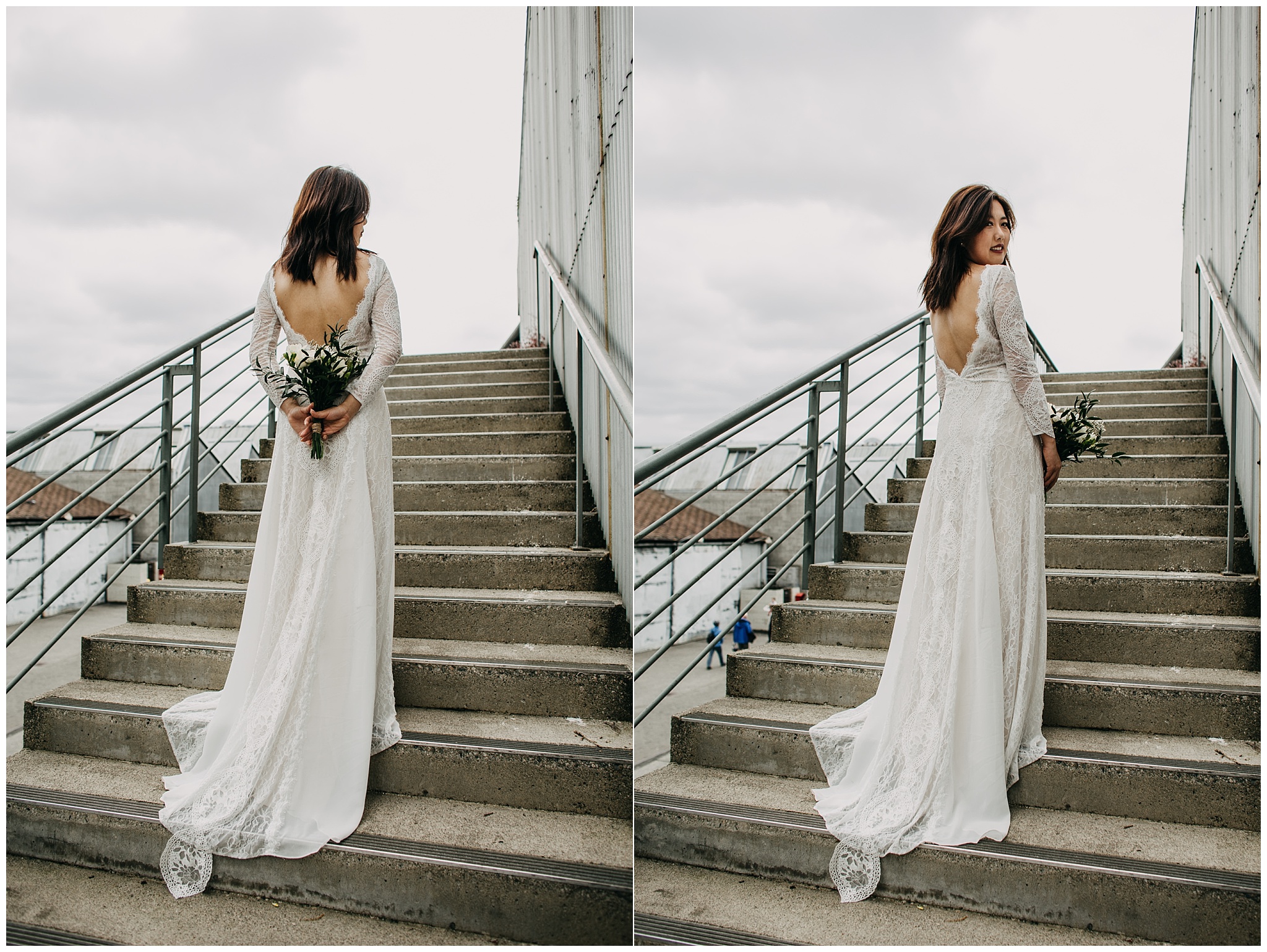 bride portrait at granville island on emily carr stairs