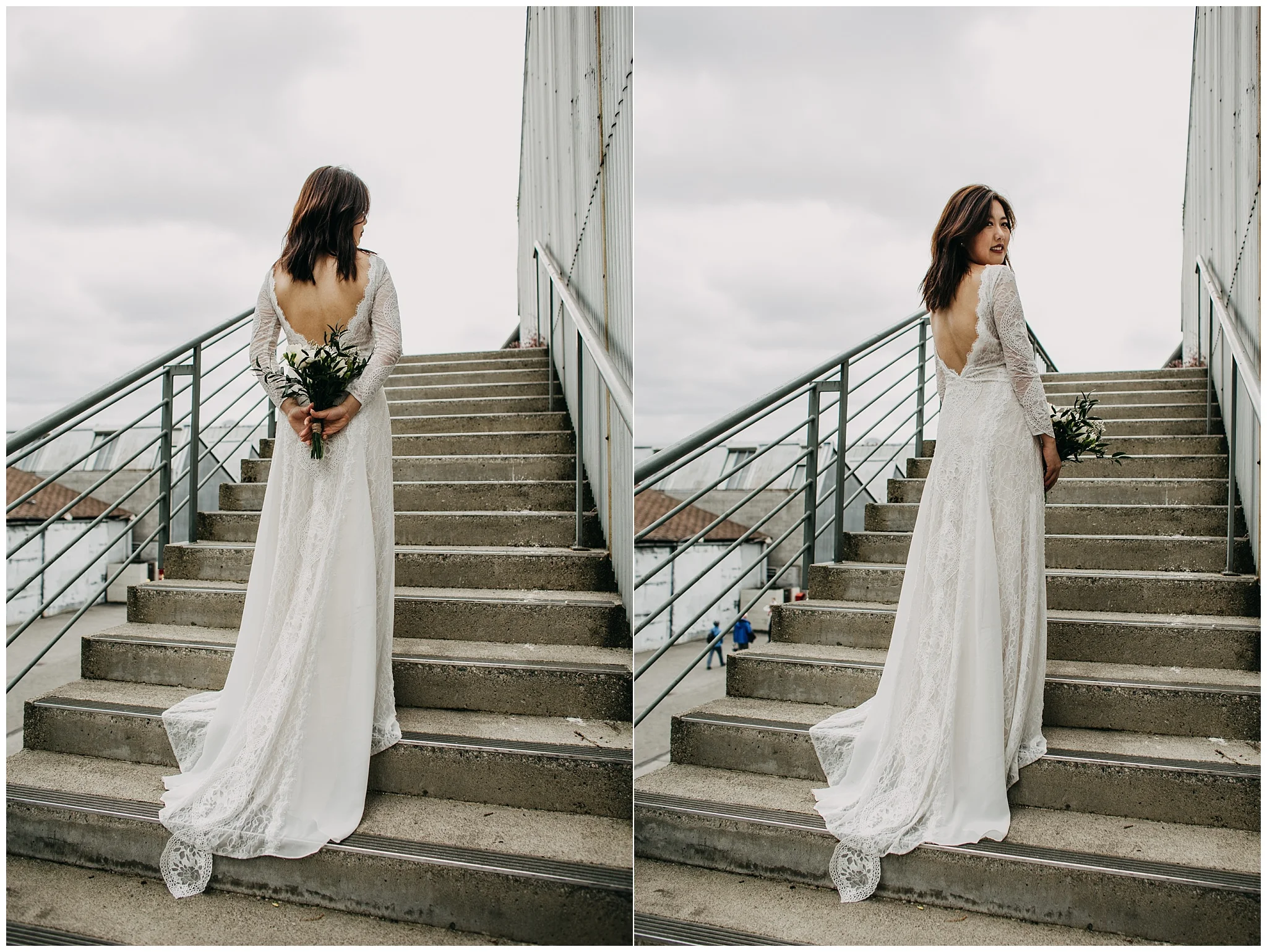 bride portrait at granville island on emily carr stairs