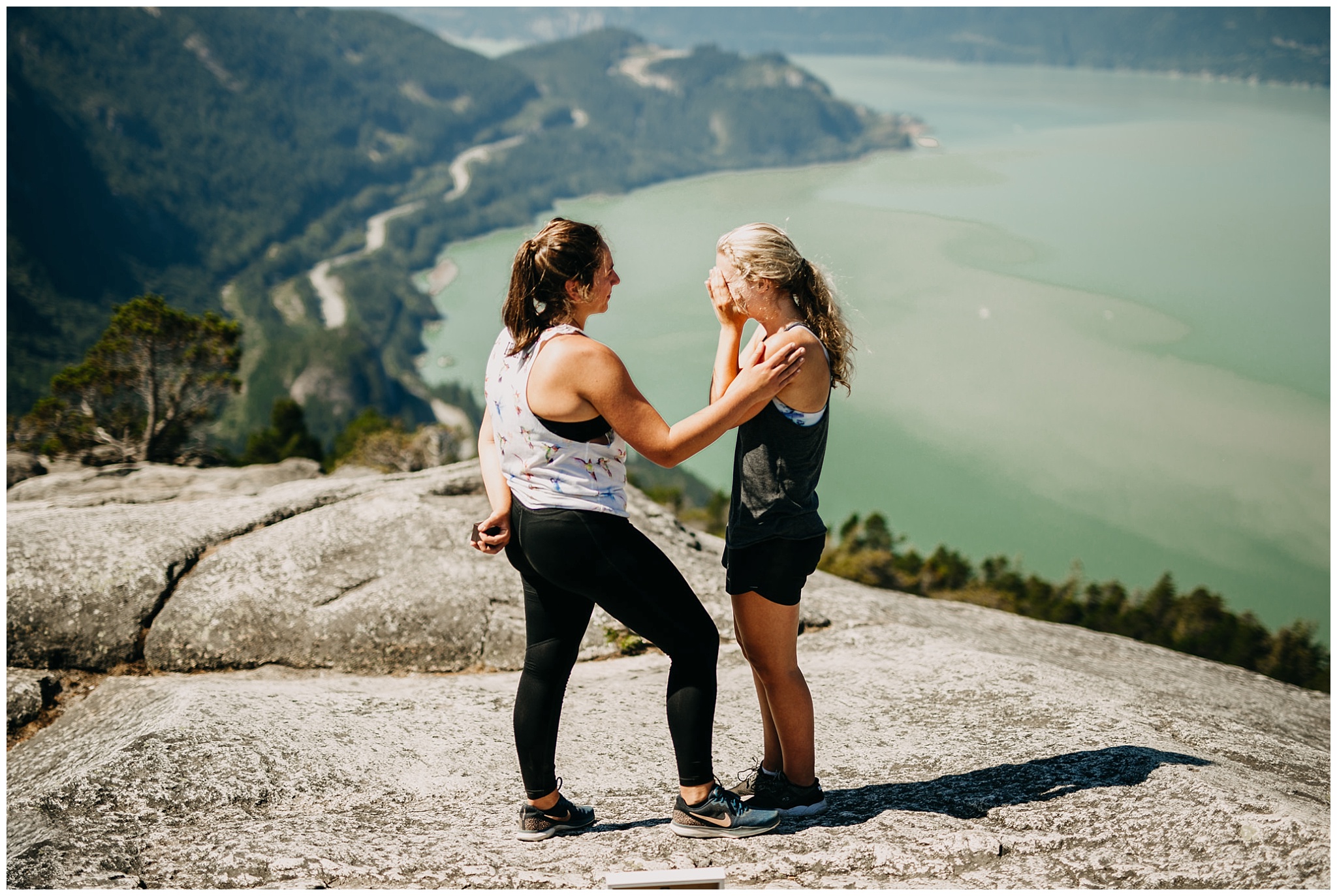 same sex couple proposal on the chief hike first peak in squamish