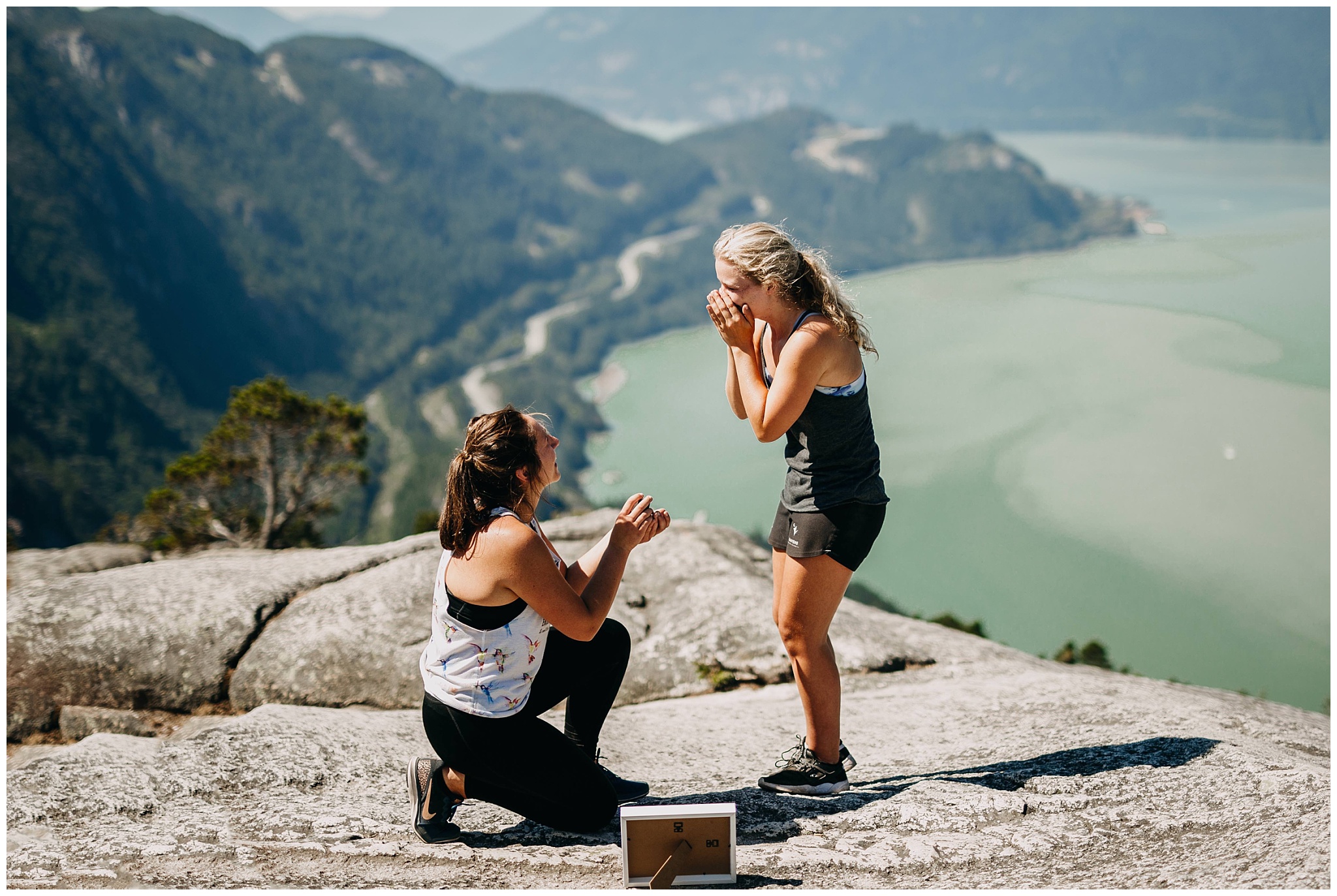 same sex couple proposal on the chief hike peak in squamish bc