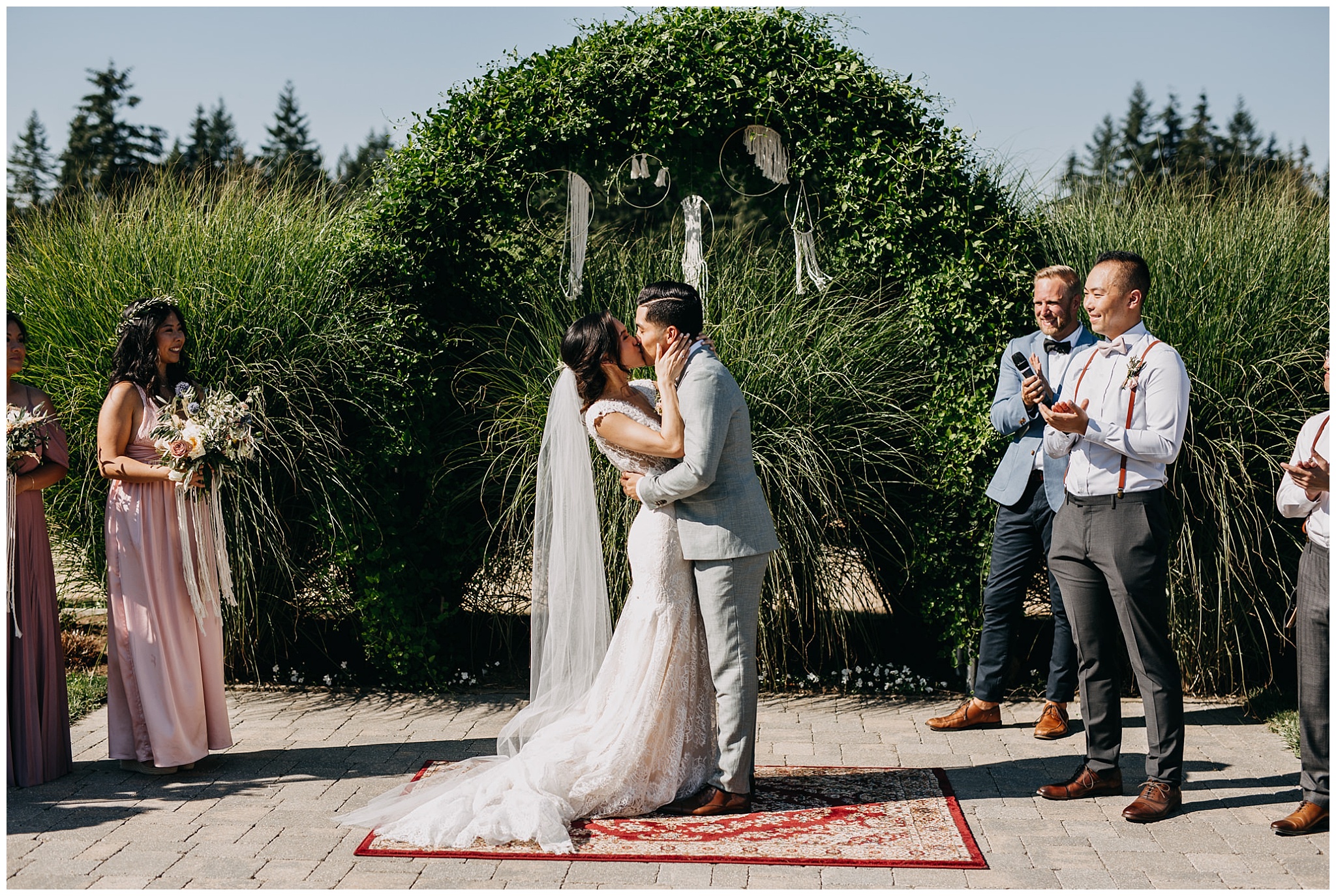 bride and groom first kiss at krause berry farm wedding