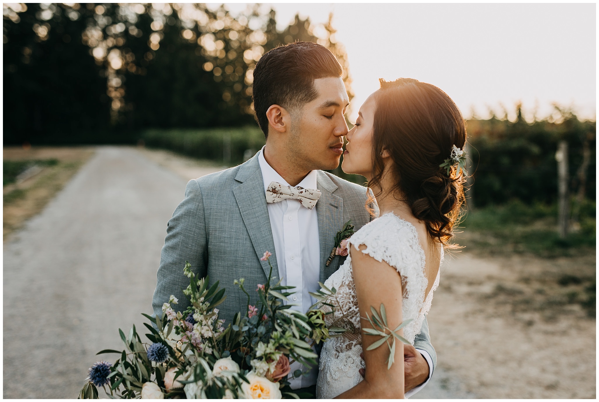 bride and groom sunset portrait at krause berry farm wedding