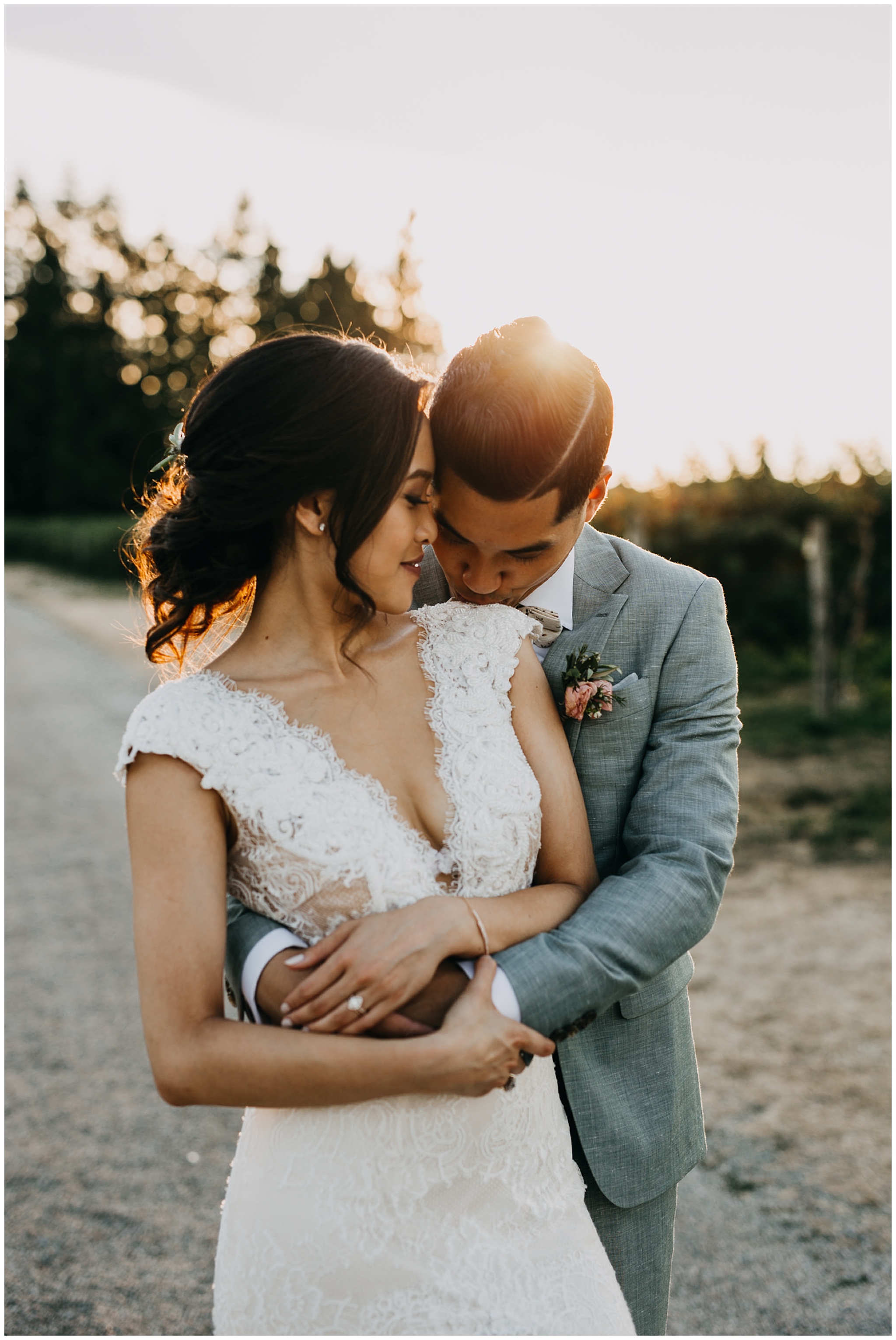 bride and groom sunset portrait at krause berry farm wedding